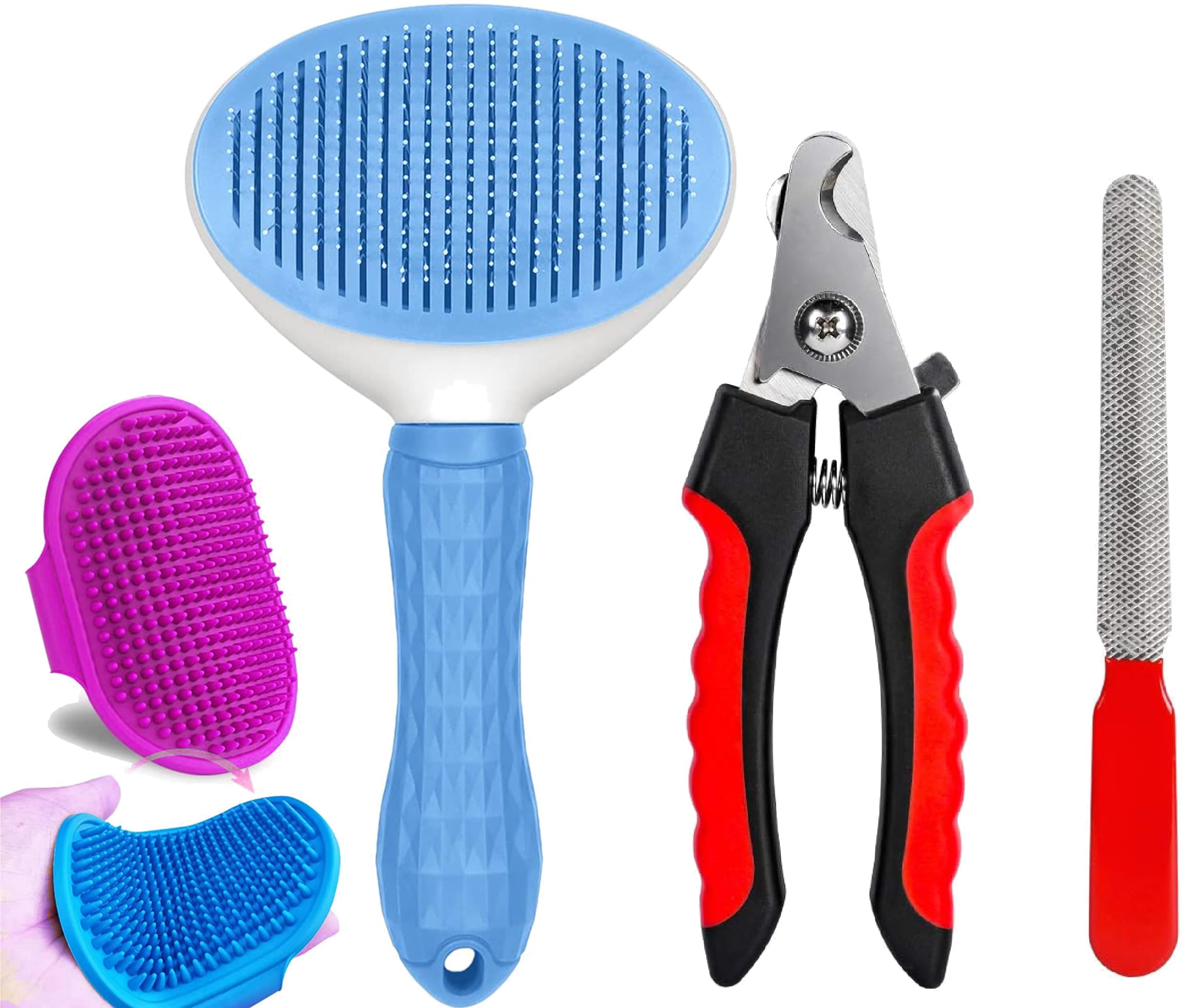 4 Pcs Pet Grooming Kit Self Cleaning Slicker Shedding Brush Nail Clipper Nail File Deshedding Brush Soft Silicone Bristles For L