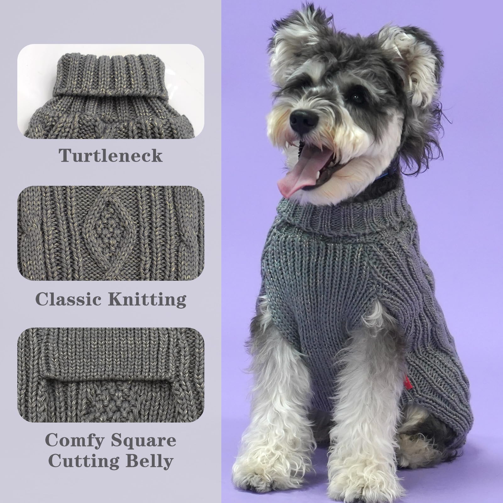 Kyeese Dog Sweaters For Medium Dogs Turtleneck Dog Cable Knit Puppy Sweater With Golden Thread For Cold Weather, Grey, Large