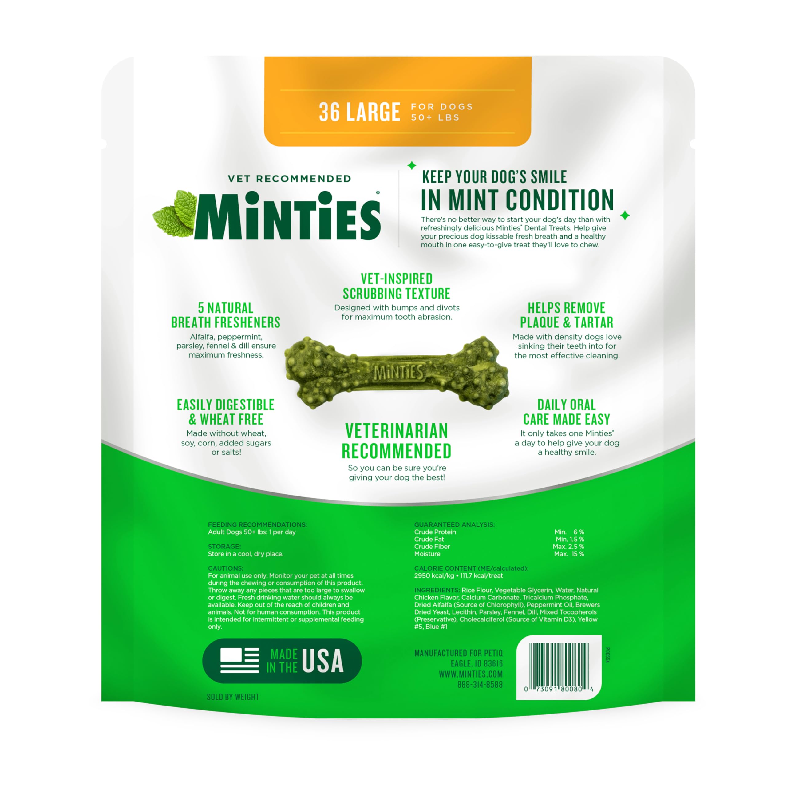 Minties Dental Chews for Dogs, 36 Count, Vet-Recommended Mint-Flavored Treats for Large Dogs Over 50 lbs, Dental Bones Clean Tee