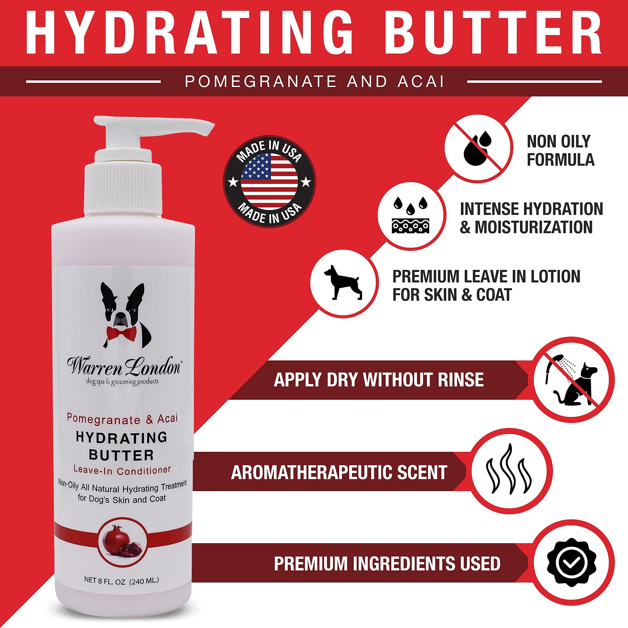 Warren London - Hydrating Butter For Dogs Skin & Coat,8 Oz,Pomegranate & Acai
