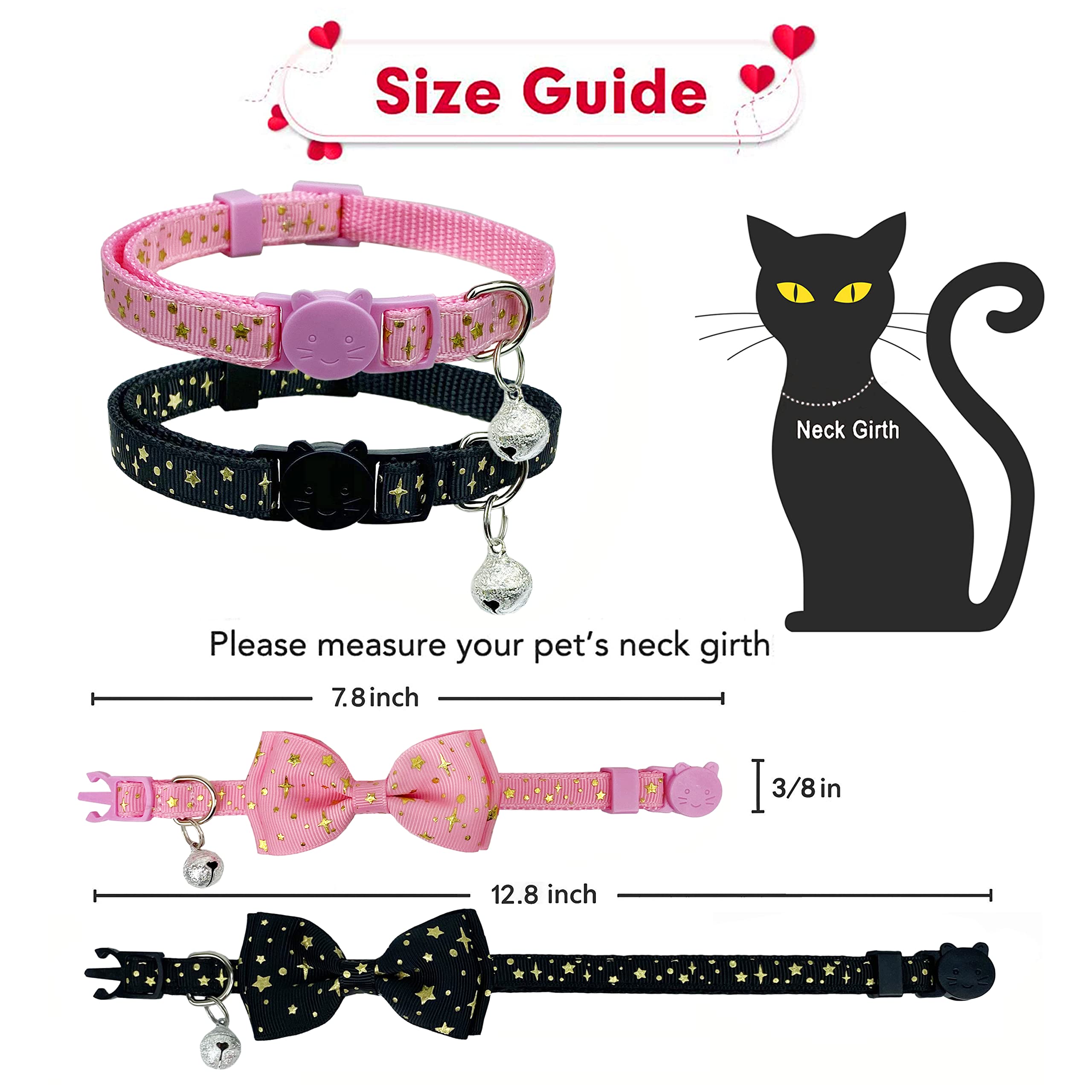 2 Pack Cat Collar With Bow Tie And Bell, Kitty Kitten Starshine Collar Breakaway Collar For Males Females Boys And Girls Cats (Pink+Black)