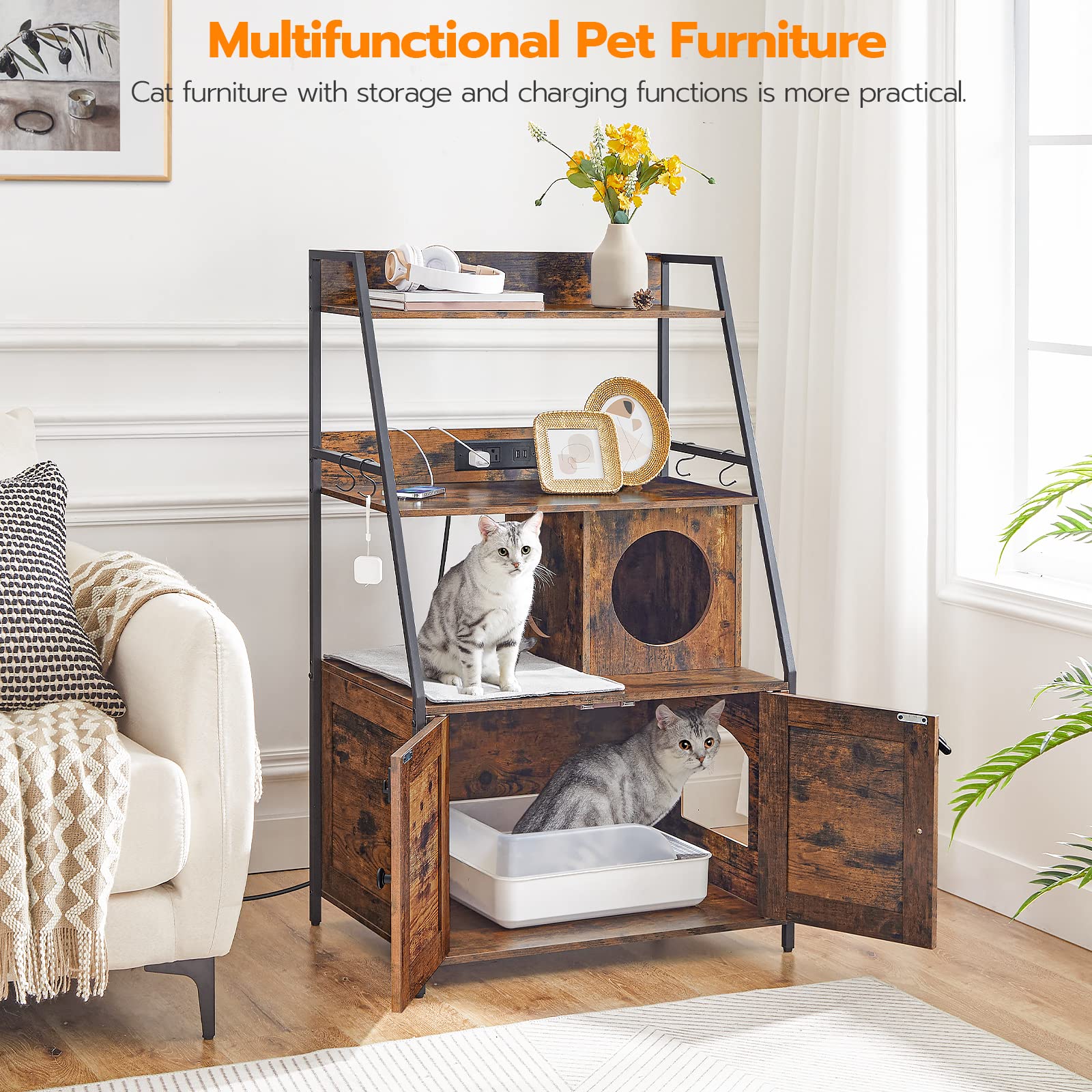 Hoobro Litter Box Enclosure With 2 Storage Shelves, Indoor Tall Cat Litter Box Furniture Hidden With Charging Station With Cat H