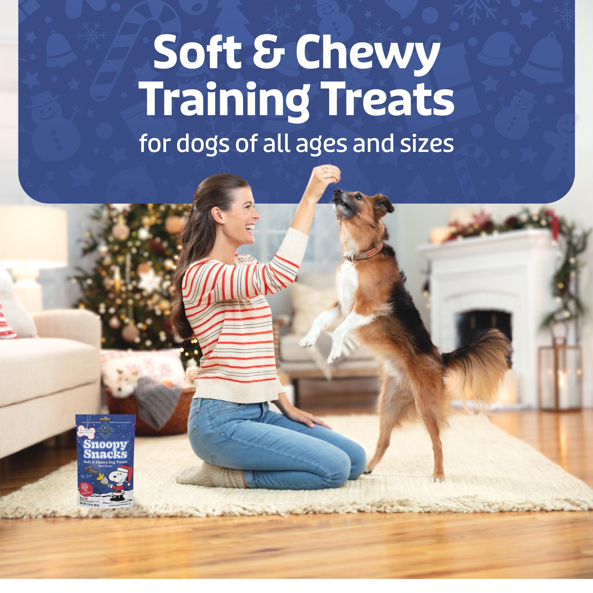 Blue Buffalo Snoopy Snacks Soft & Chewy Dog Treats, Holiday Stocking Stuffers for Dogs, Beef Recipe, 3.5oz. Bag