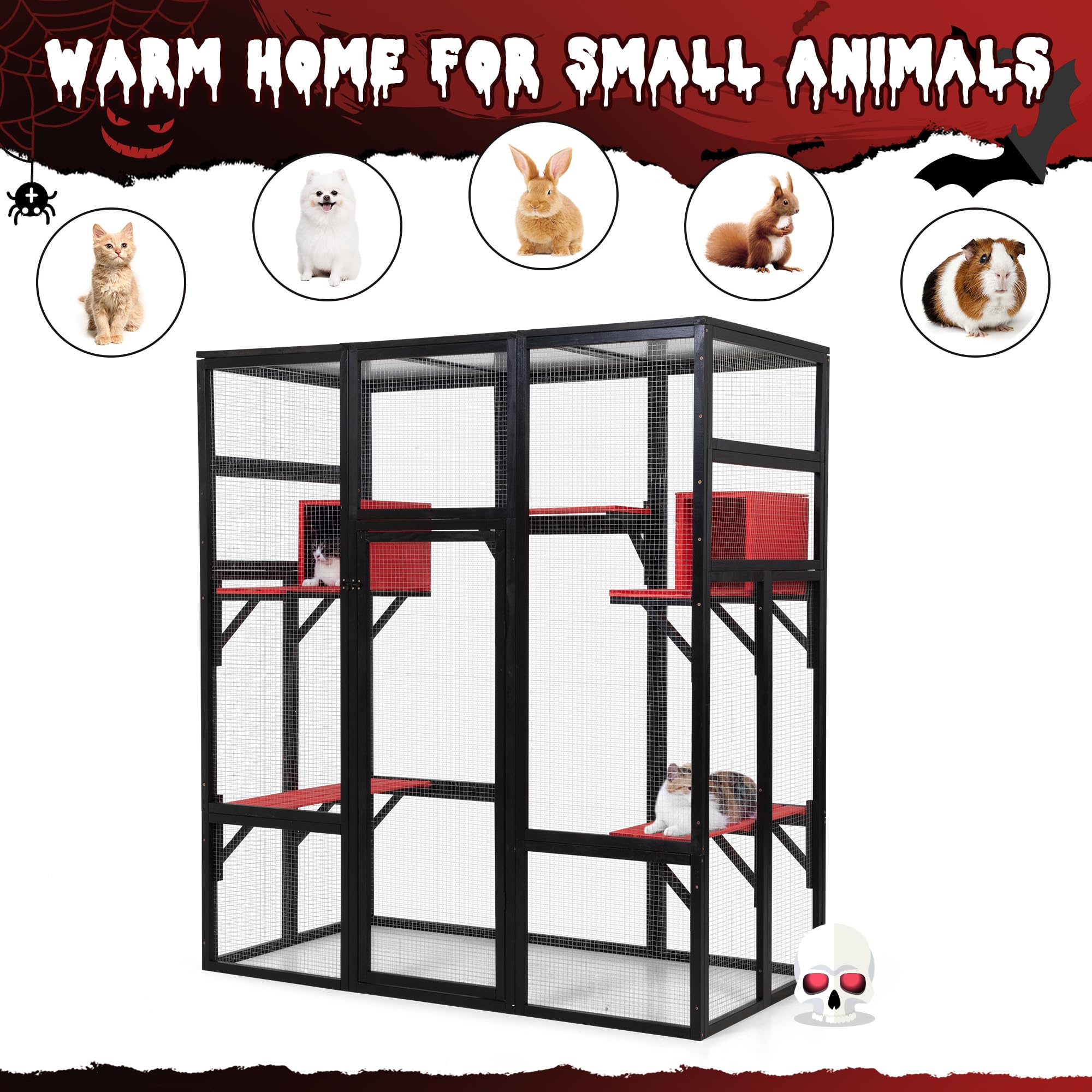 Nyeekoy 71Inches Large Wood Catio Outdoor Cat Enclosure With Perches And Condos, Cat House Indoor With Waterproof Roof, Cat Shel