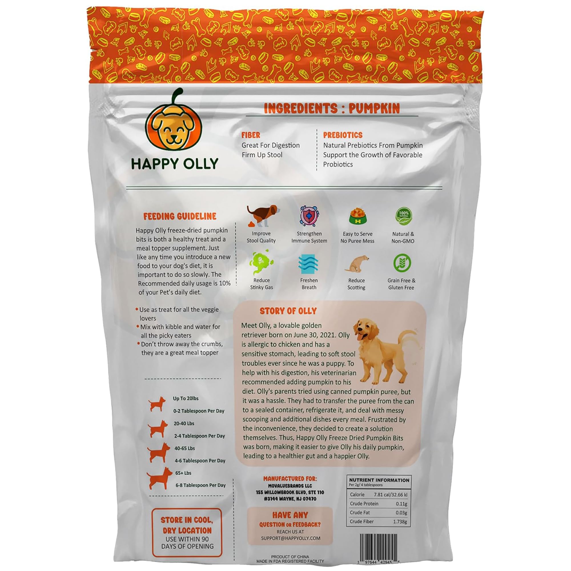 Happy Olly Pumpkin Treats for Dogs - 2oz Freeze-Dried Pure Pumpkin, Natural Prebiotics & Fiber, Supports Digestion & Reduces Diarrhea