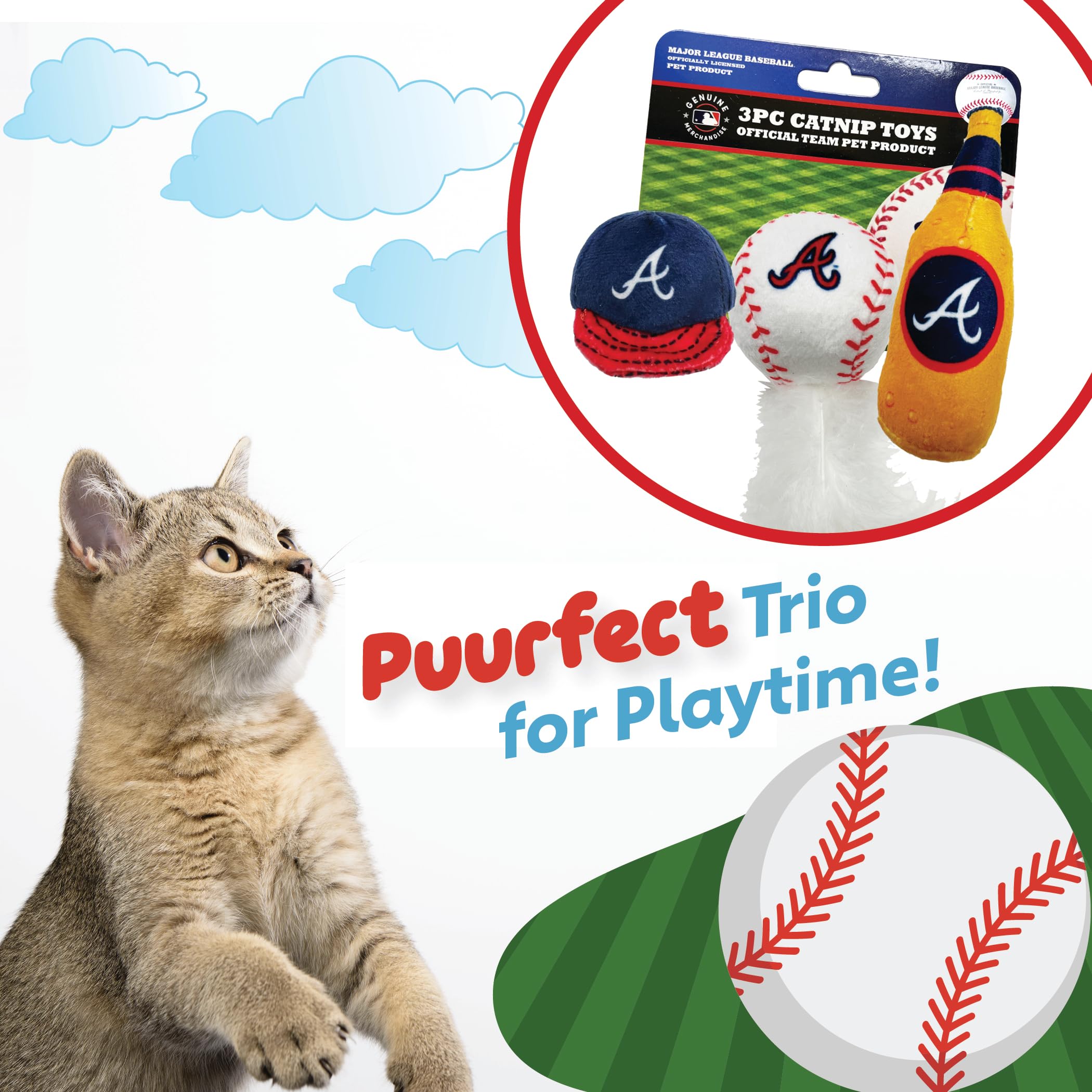 Best Plush Cat Toy - Mlb Atlanta Braves Complete Set Of 3 Piece Cat Toys Filed With Fresh Catnip. Incld: 1 Baseball Cap Cat Toy,