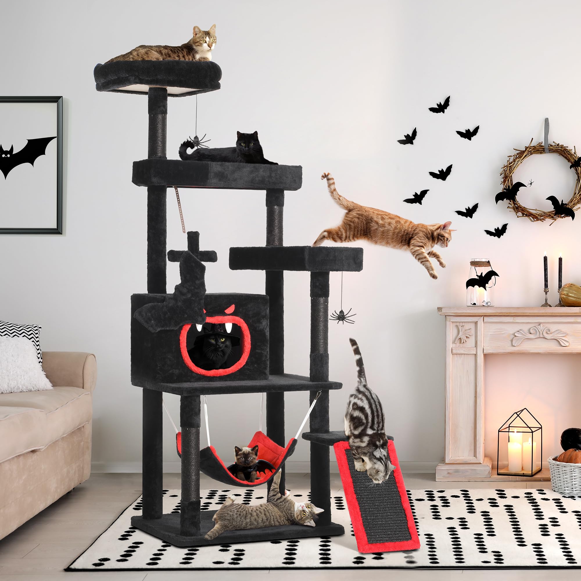Yitahome Gothic Cat Tree With Coffin Bed, 63'' Tall Cat Tower For Indoor Cats With Top Perch, Spacious Cat Condos, Spider Hangin