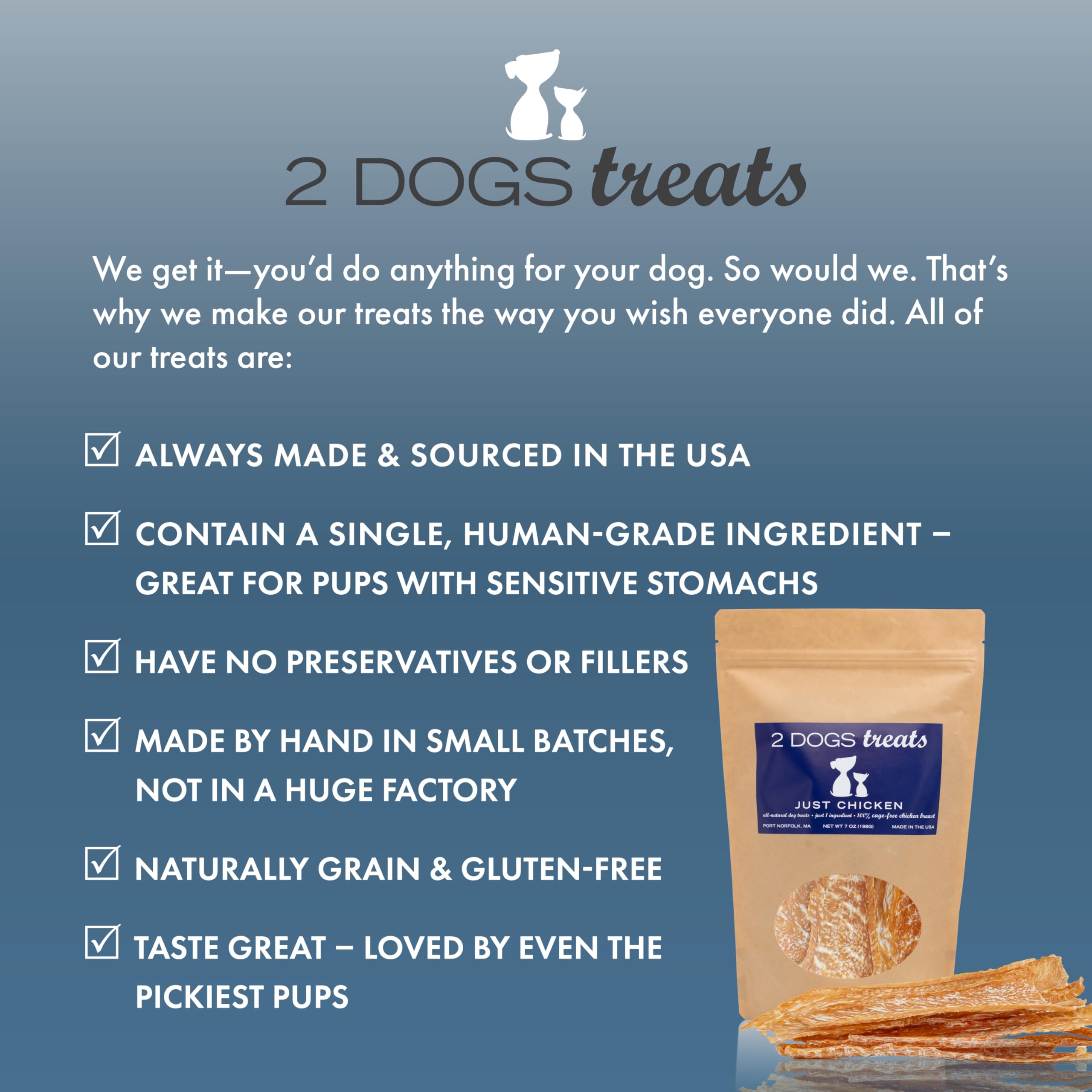 2 Dogs Treats Chicken Jerky - 100% USA-Sourced, Grain-Free, 7 oz, Single-Ingredient, Great for Sensitive Stomachs, High Value for Training