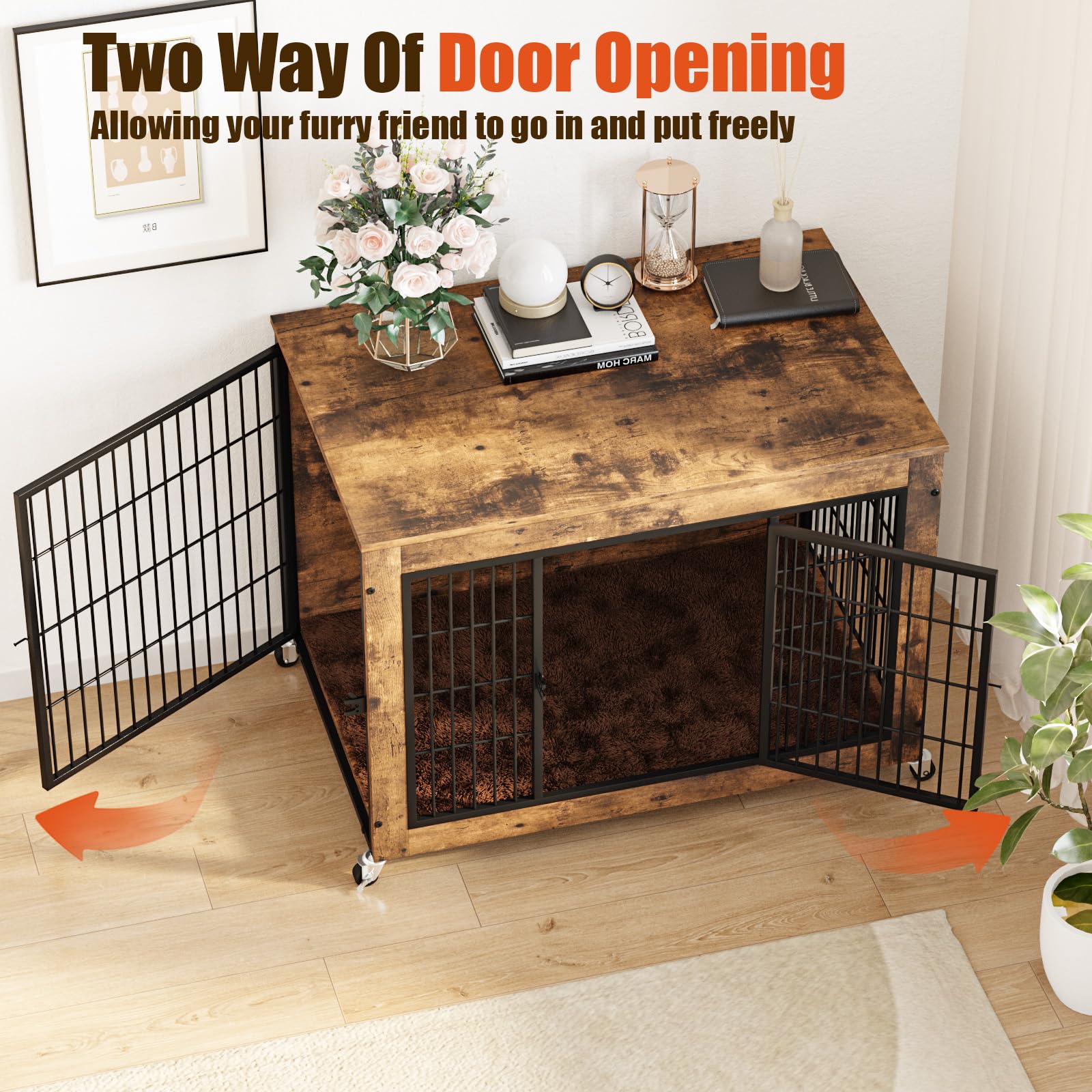 LEMBERI 38 Inch Dog Crate Furniture with Cushion, Double Doors Wooden Dog Kennel Cage Indoor with Wheels, Pet House Decorative S