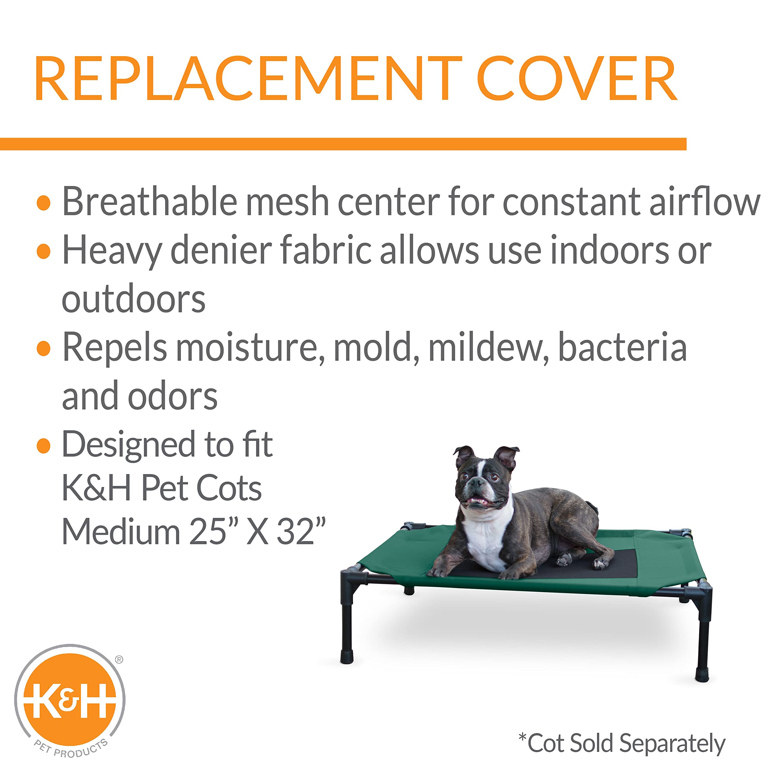 K&H Pet Products Original Pet Cot Replacement Cover (Cot Sold Separately) Green/Black Medium 32 X 25 Inches