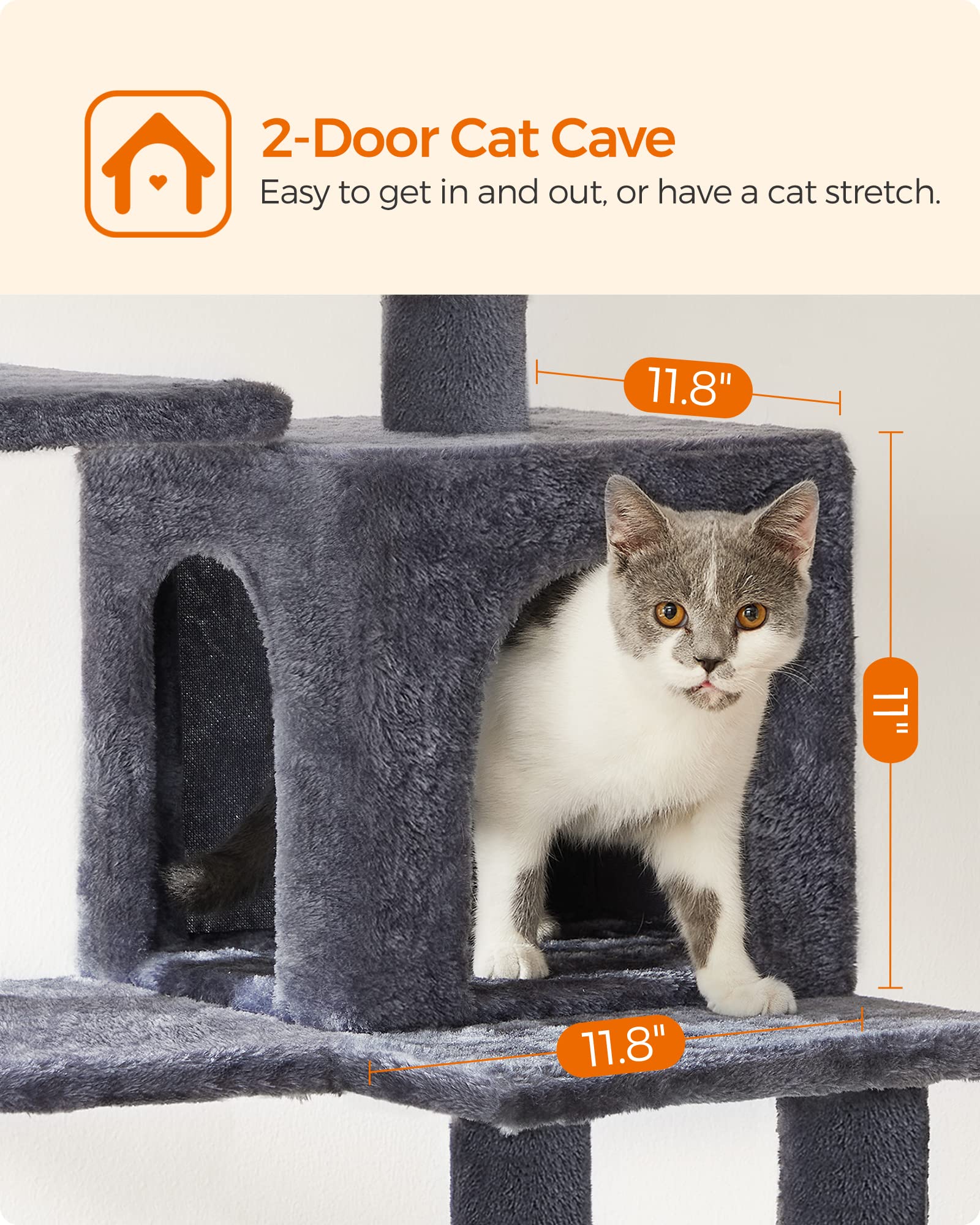 Feandrea Cat Tree, 56.3-Inch Cat Tower For Indoor Cats, Multi-Level Cat Condo With 4 Scratching Posts, 2 Perches, Hammock, Cave, Smoky Gray Upct161G01