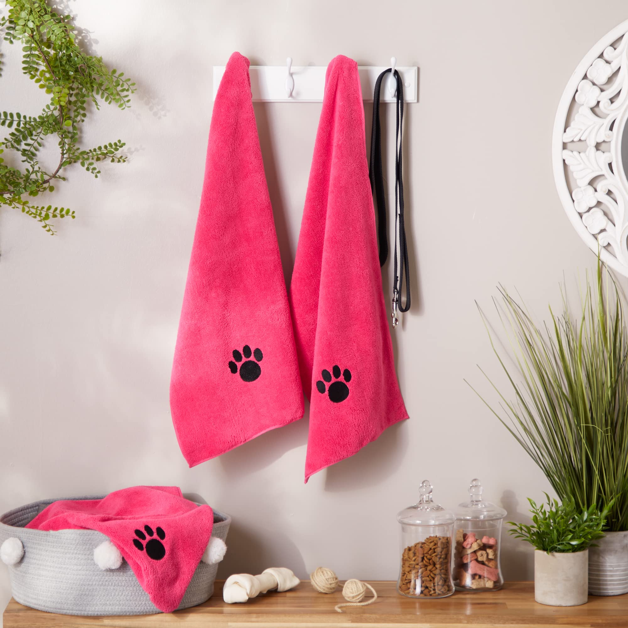 Bone Dry Pet Grooming Towel Collection Embroidered Absorbent Microfiber Drying Set, 15X30, Raspberry Sorbet, 3 Count