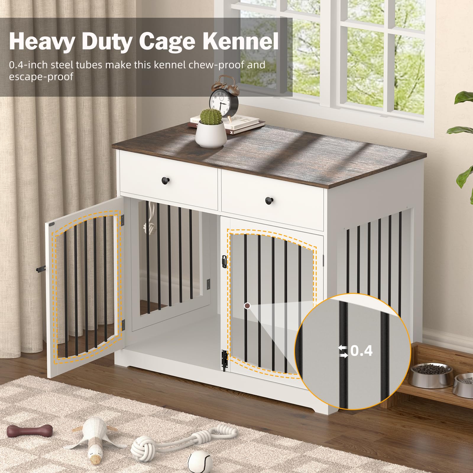 Kucreiheat 40 Inch Furniture-Style Dog Crate-Multipurpose Wood Pet Crate Furniture with Double Doors,2 Drawers, Decorative Dog H