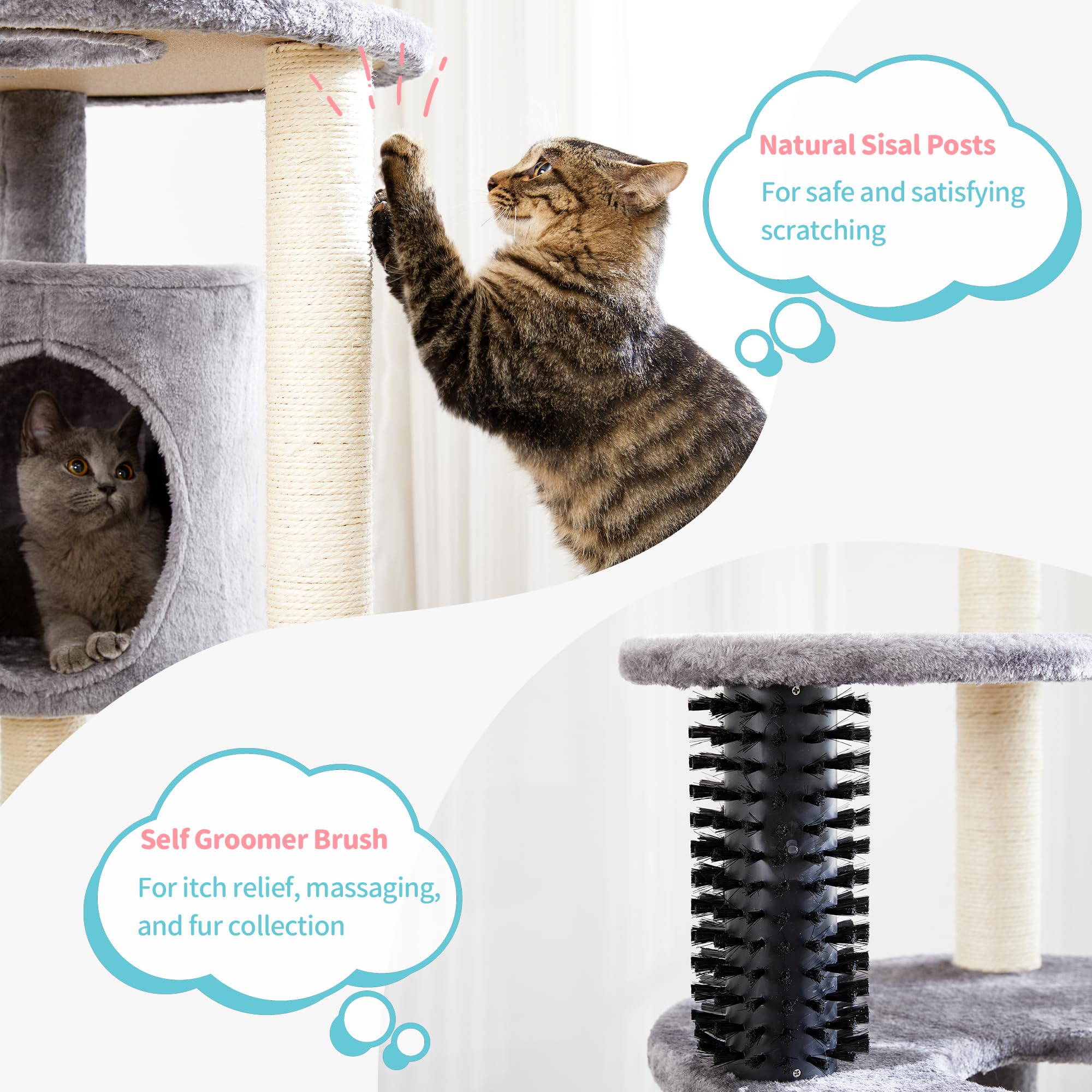 Made 4 Pets Cat Tree For Indoor Cats, 60.2 Inch Tall, 5-Level, Modern, Grey, Sisal Scratch Posts, Cat Condo With Hammock, Cat To