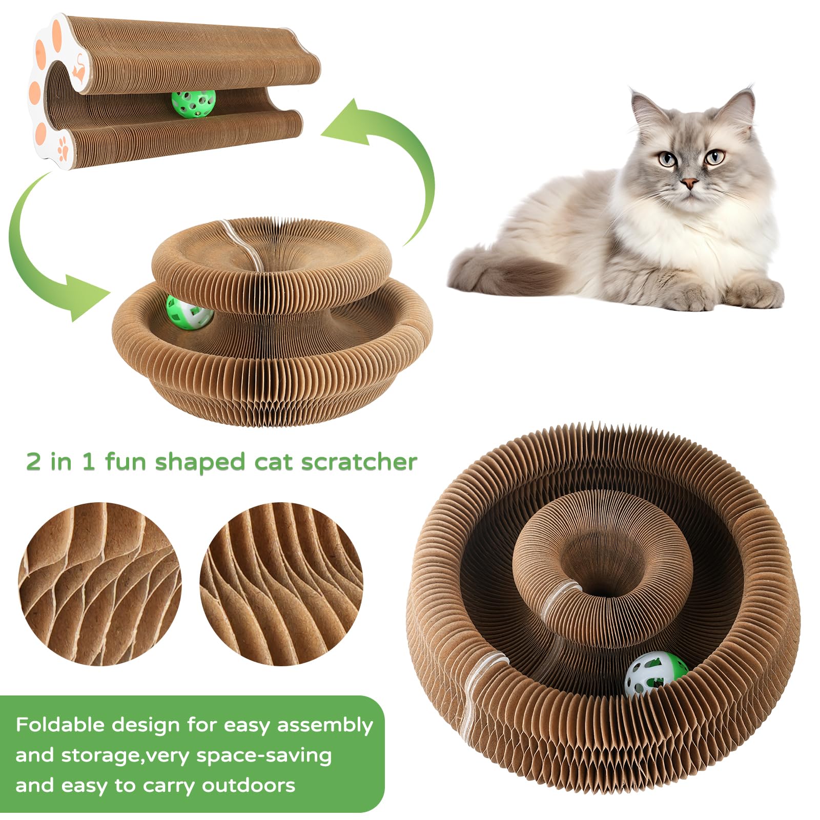 Goosheep Cat Scratching Board & Accordion Toy Combo - Cat Scratcher - Kitten Fun & Exercise - Brown, Round - 3Pk