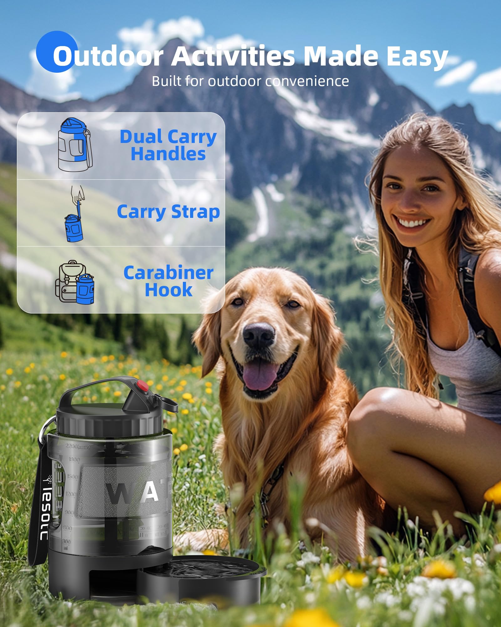 lesotc Dog Travel Water Bottle Portable with Pull-Out Drinking Bowl, 77oz Large Travel Water Bowl Dispenser for Dogs Camping Ess