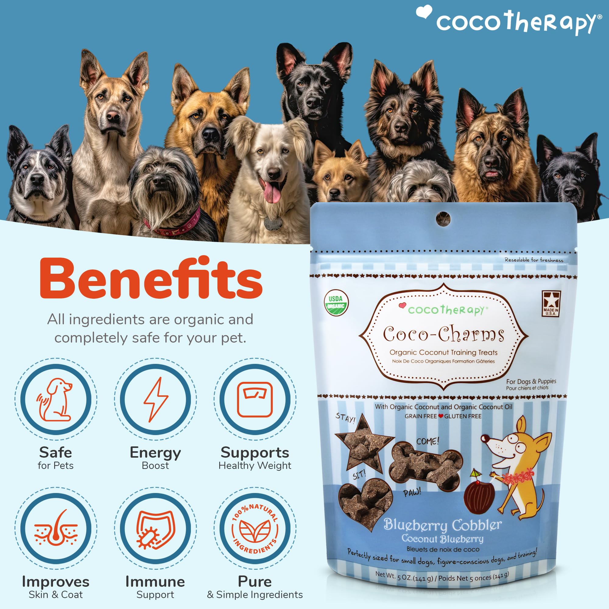 Cocotherapy Coco-Charms Blueberry Cobbler - Organic Dog Treats, All Natural, Vegan Training Treat for Dogs with Organic Coconut