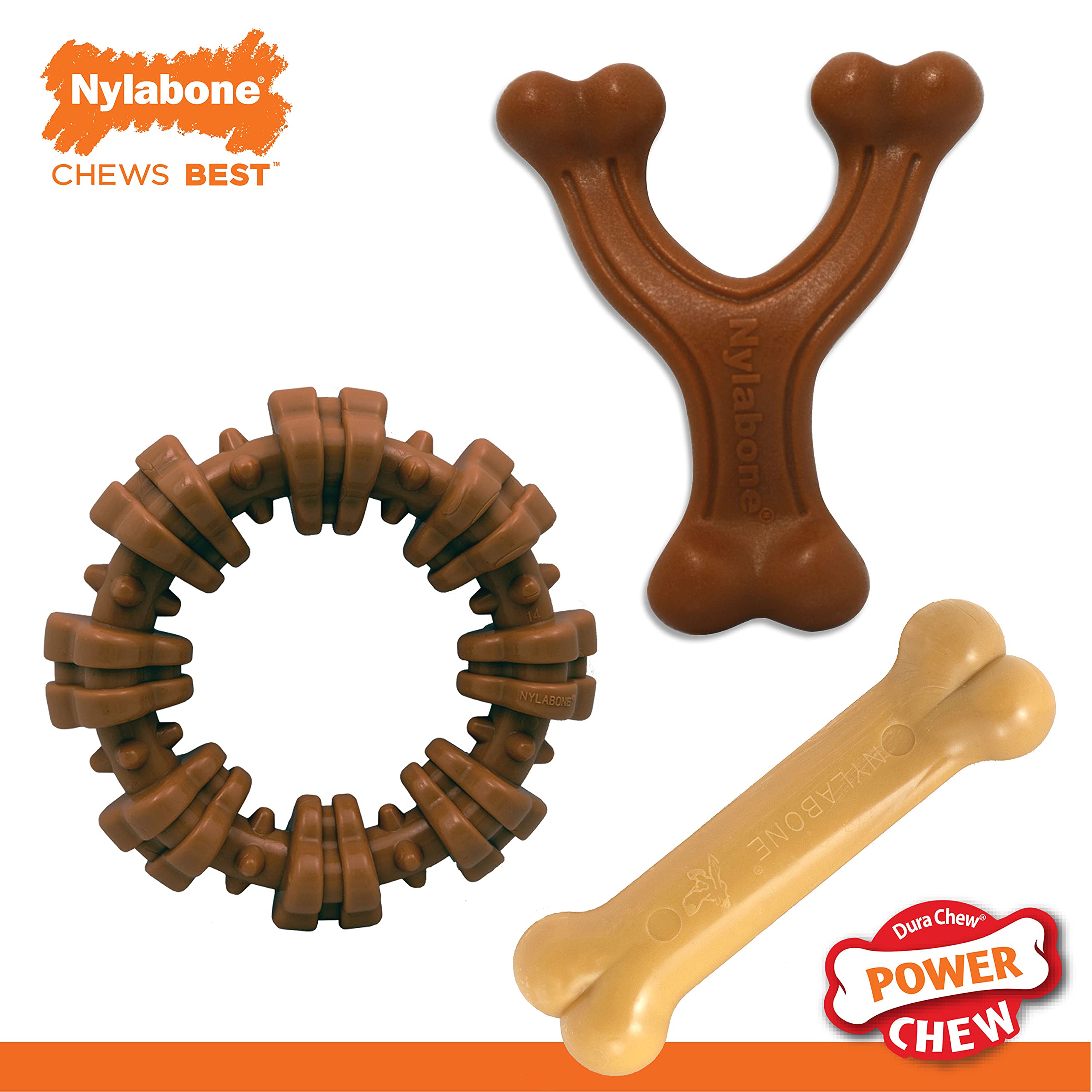 Nylabone Power Chew Customer Favorites Dog Toy Bundle, Indestructible Dog Chew Toys For Aggressive Chewers, 3 Shapes And Flavors
