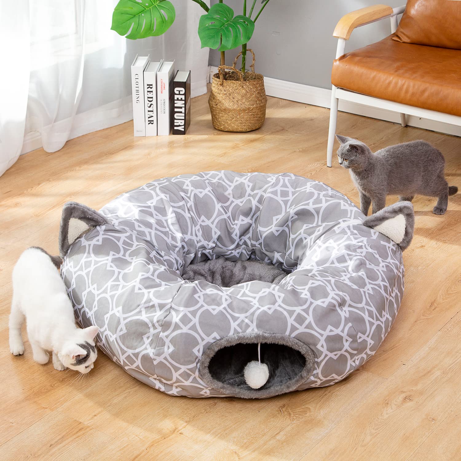 Luckitty Geometric Cat Tunnel Bed Oxford Outside With Plush Inside,Cats Toys Collapsible Tunnel Tube With Balls, For Rabbits, Ki
