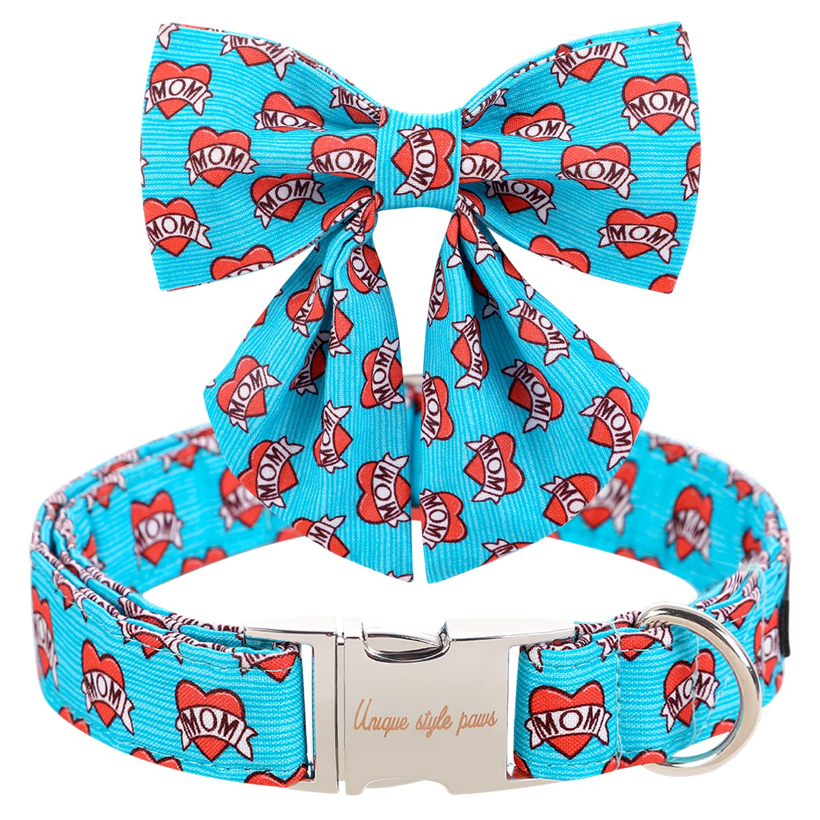 Unique Style Paws Mother'S Day Dog Collar With Tie Blue Heart Puppy Collar Best Gift For Small Medium Large Boys Girls-Xl