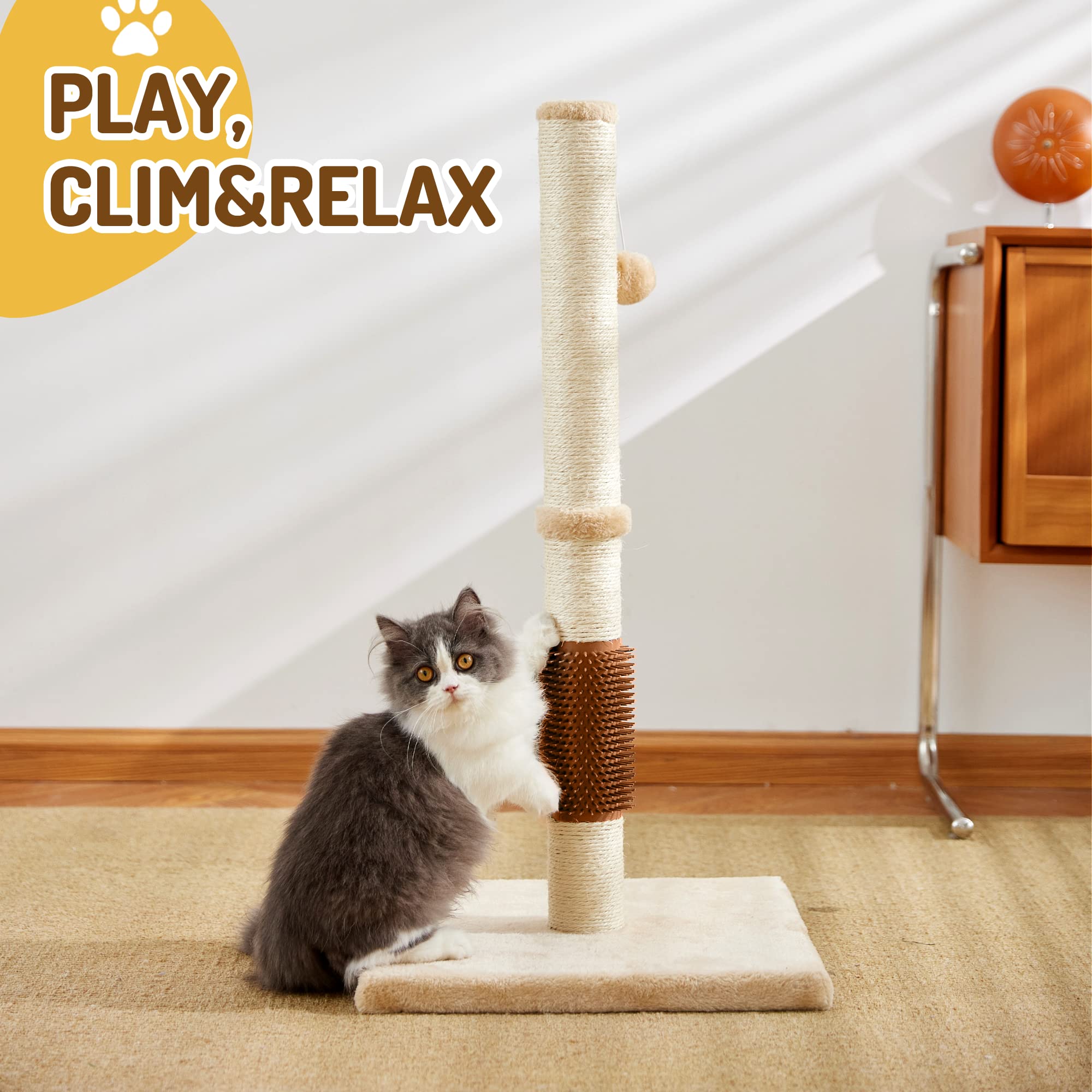 Meowhomm 32'' Cat Scratching Post With Self Groomer Cat Brush, Sisal Rope Tall Cat Scratching Post With Soft Hanging Ball For In