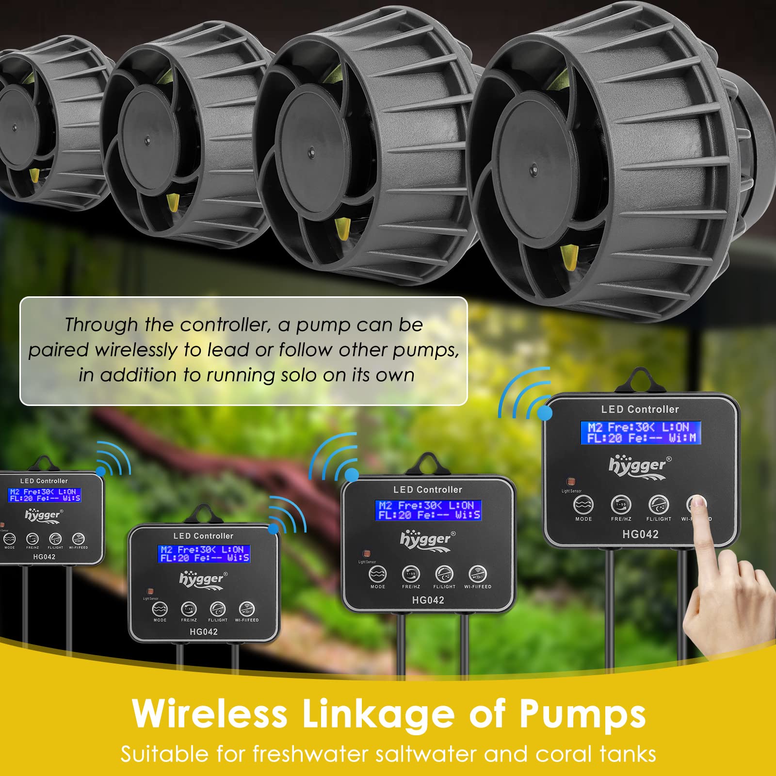 hygger 3400 GPH Aquarium Inverter Wavemaker Pump with LED Controller, DC 24V 18W Ultra-quiet Submersible Power Head with Magneti