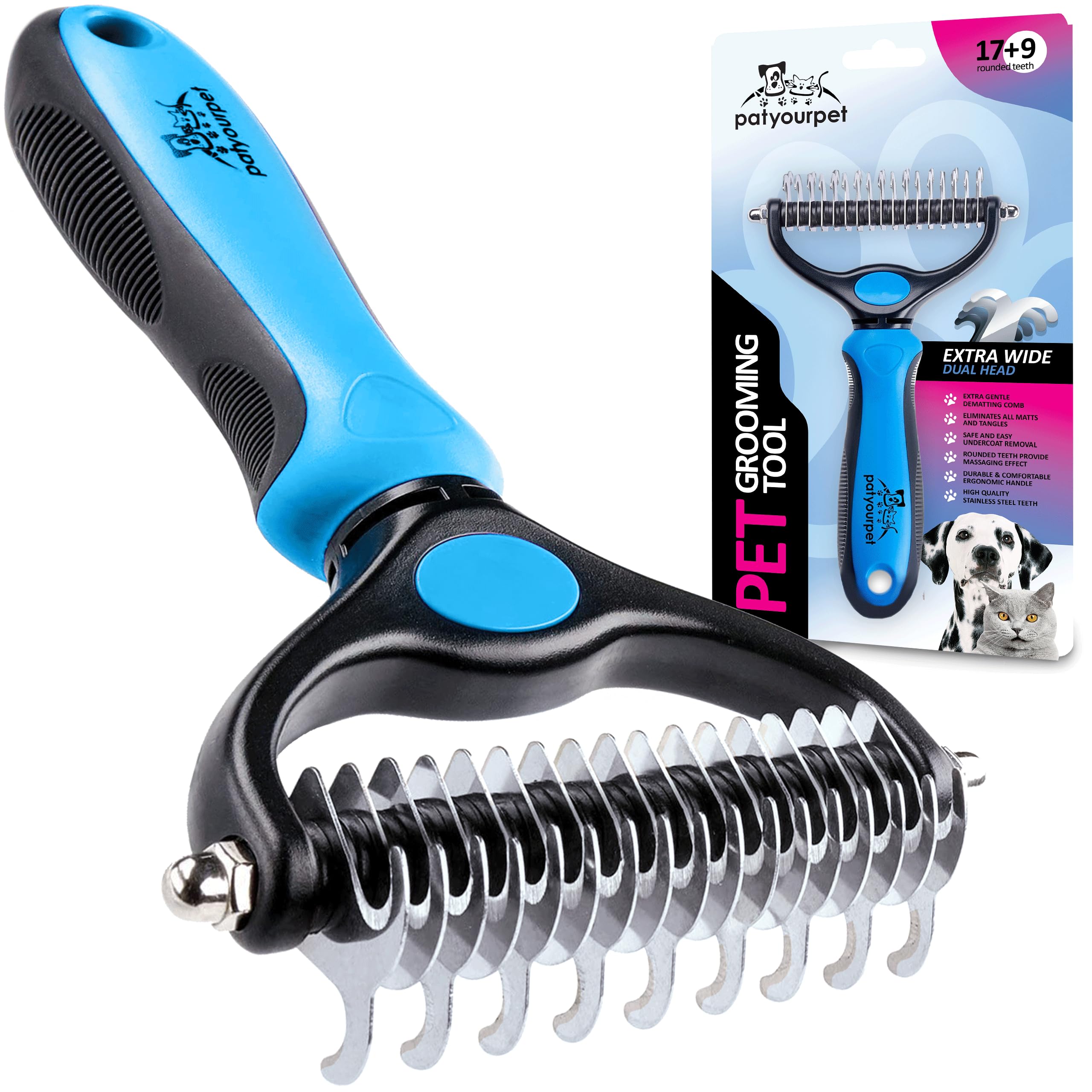 Pat Your Pet Deshedding Brush - Double-Sided Undercoat Rake For Dogs & Cats - Shedding Comb And Dematting Tool For Grooming, Ext