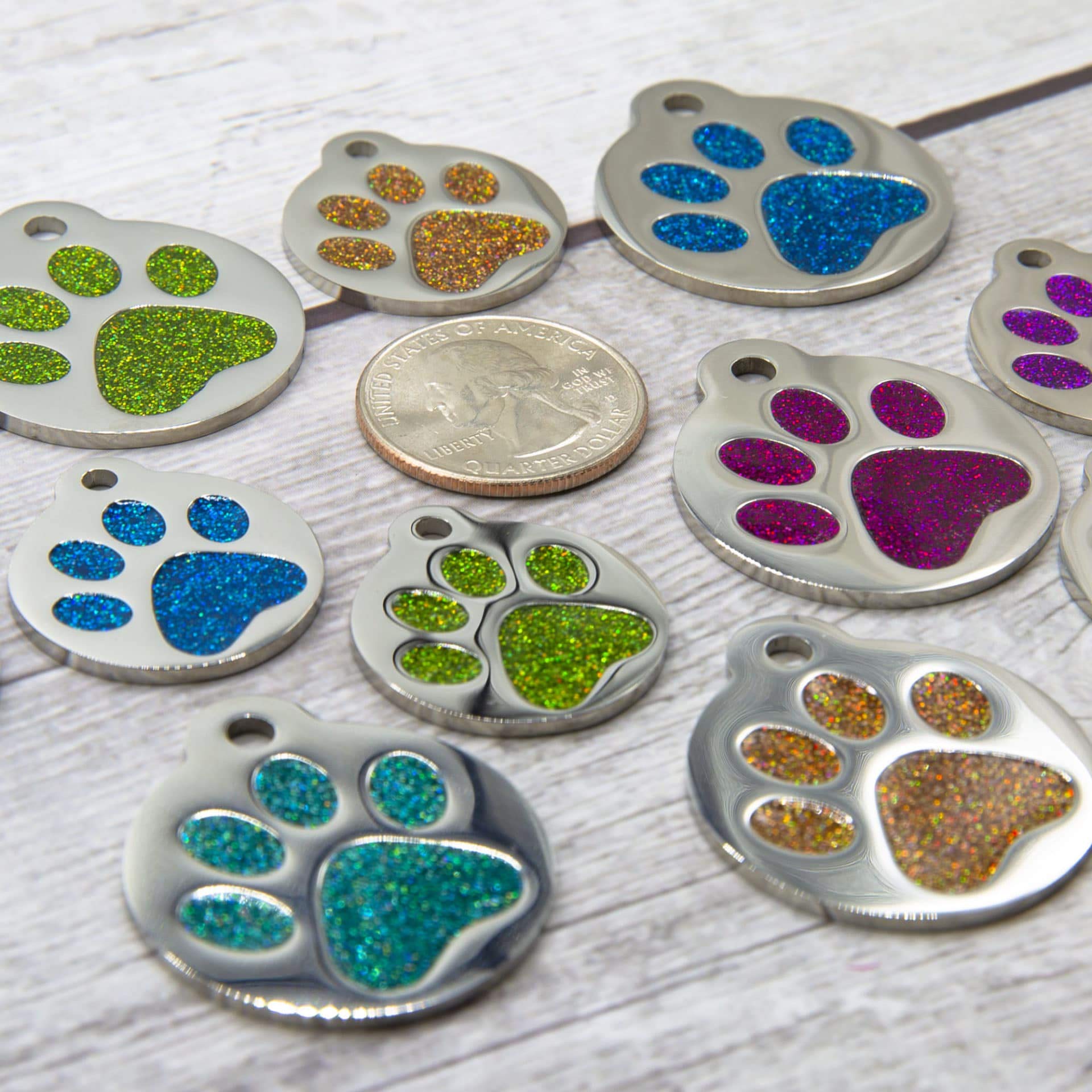 Engraved Pet Tag for Dogs & Cats - Personalized with 4 Lines of Custom Engraved ID, Round Paw Print Stainless Steel Enameled in