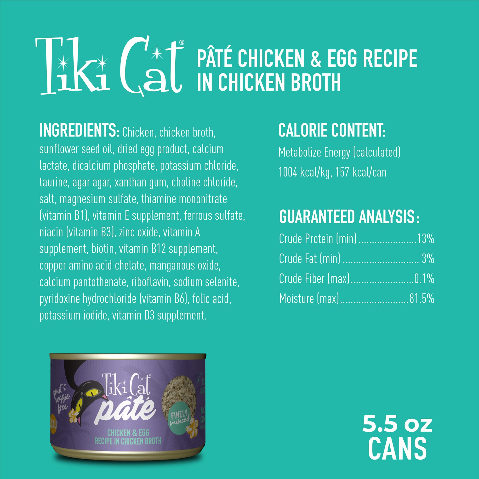 Tiki Cat Luau Pt  , Chicken and Egg Recipe in Chicken Broth, Grain-Free Balanced Nutrition Wet Canned Cat Food, for All Life Sta