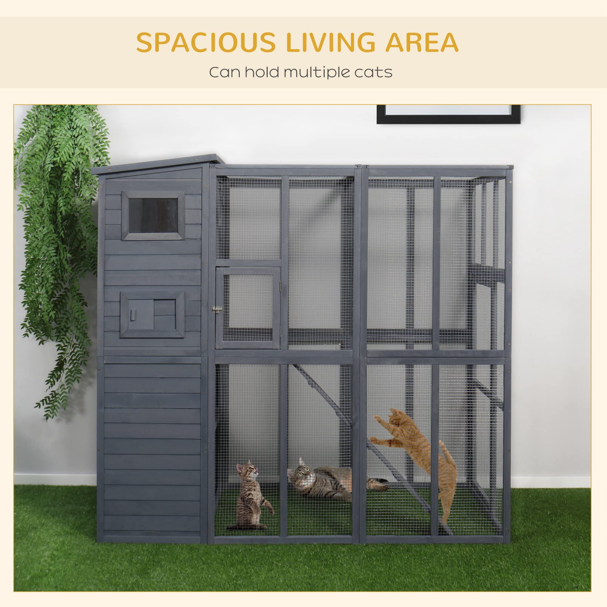 PawHut Large Cat House Outdoor Catio Wooden Feral Cat Shelter, Kitten Enclosure with Door, Cat Condo and Weather Protection Asph