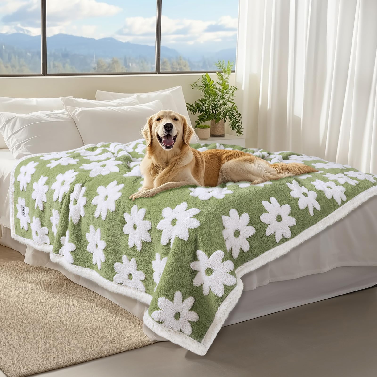 Luciphia Waterproof Pet Blanket For Medium Large Dogs Washable Fluffy Thick Jacquard Shag Fleece Warm Sherpa 3D Textured Flower 