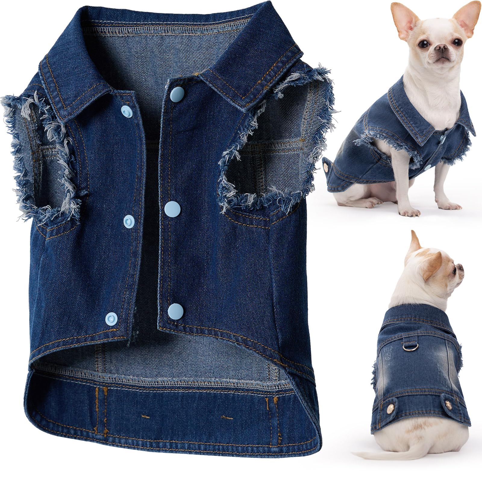 Cantuccistudio Pet Denim Jacket For Dogs With Leash Ring, Fringed Sleeves, Blue Jean Coat, Dog Collar Vest, Classic Design, Vint