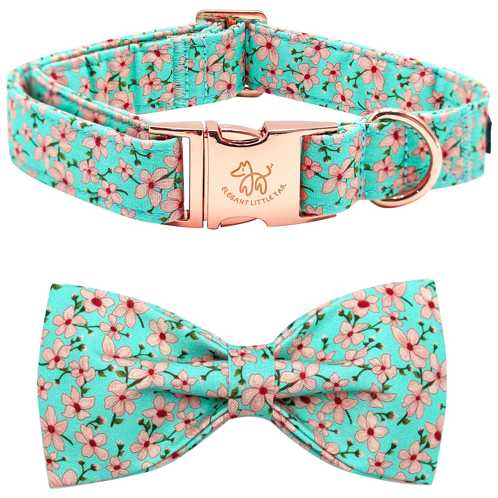 Elegant little tail Dog Collar, Spring Pet Collar with Bow Dog Durable Pink Flower Print Dog Collars Girl Pet Gift Adjustable Do