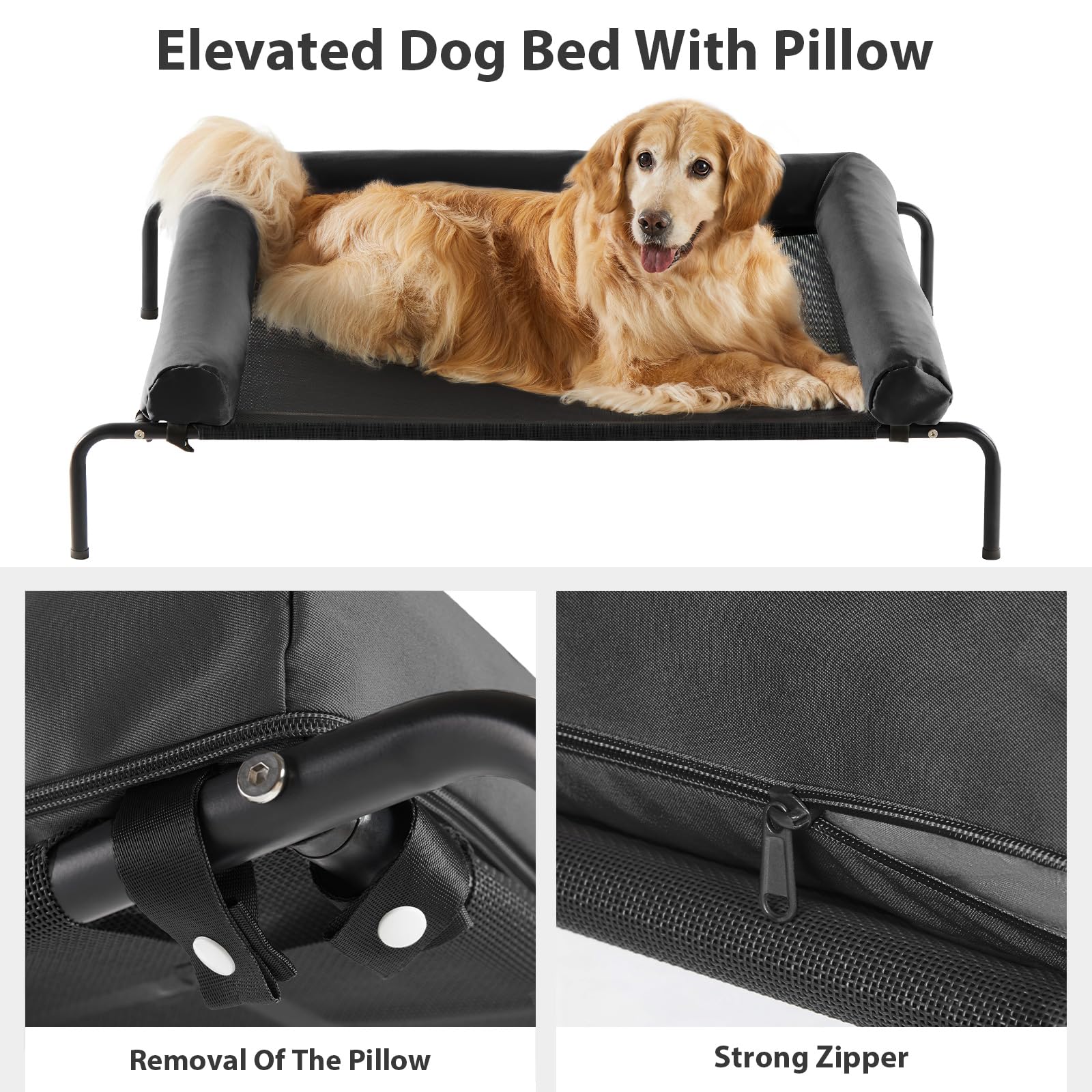 RRPETHOME Large Elevated Cooling Dog Bed, Portable Chew-Proof Pet Cot, 54"x34"x8", Black, Breathable Mesh, Skid-Resistant Feet
