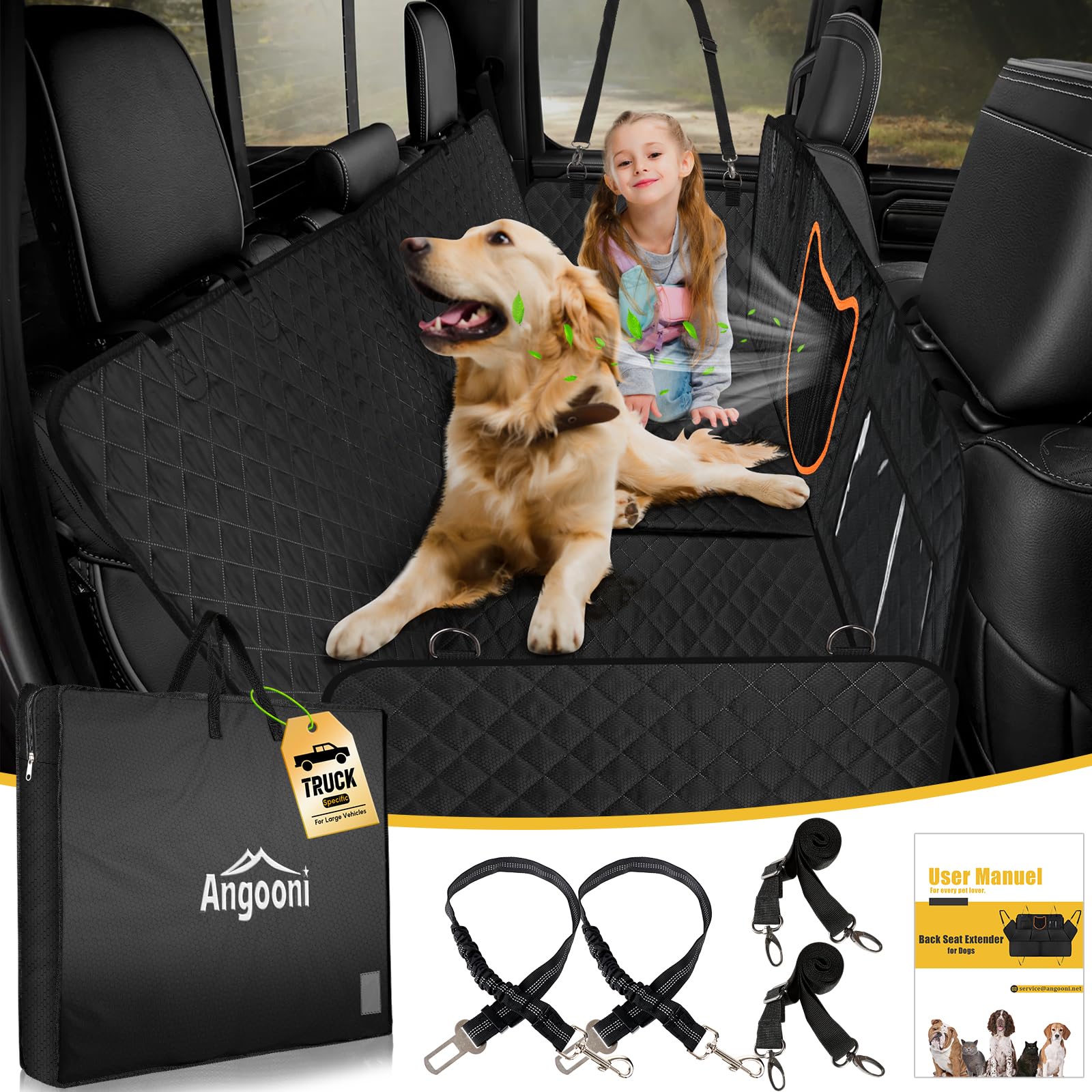 Angooni Xl Dog Backseat Extender For Trucks - Hard Bottom 400Lbs Load, Heavy-Duty Backseat Dog Hammock, Non-Slip & Waterproof Do