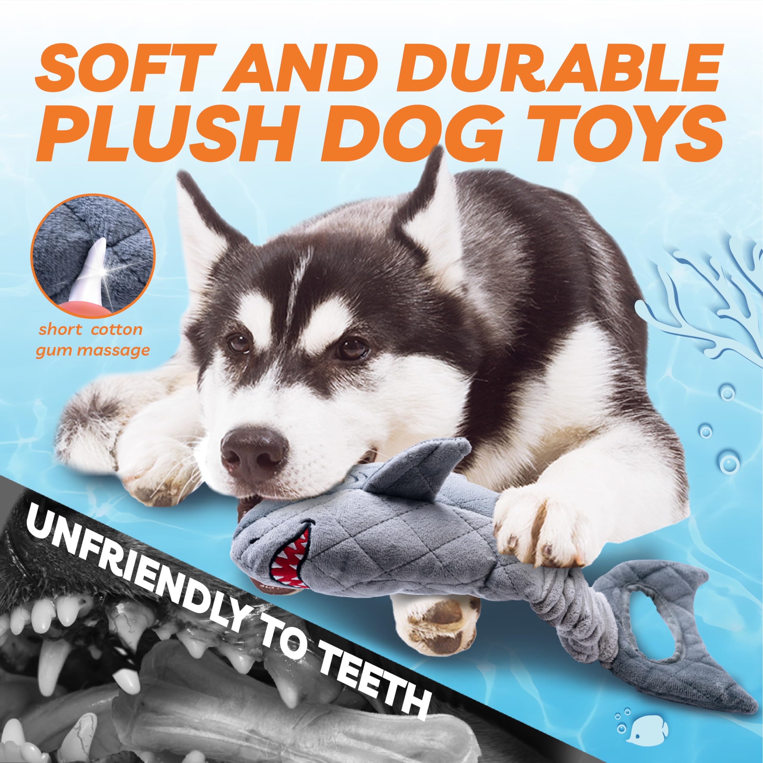 Dog Toys for Small Dogs, Squeaky Tough Dog Toys for Aggressive Chewers, Plush Dog Chew Toys for Teething, Interactive Shark Dog