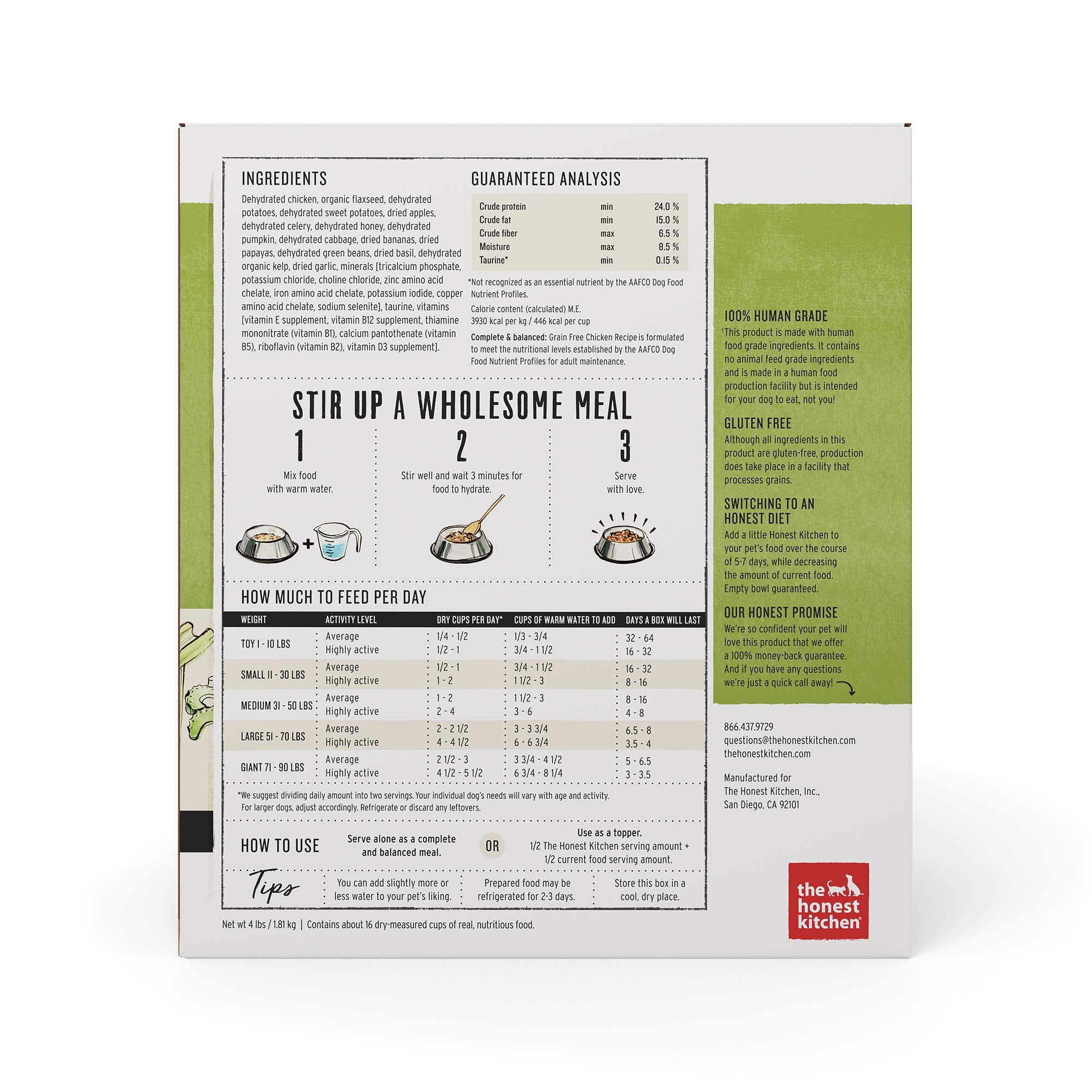 The Honest Kitchen Dehydrated Grain Free Dog Food, Chicken, 4 lb (makes 16 lbs), Complete Meal or Topper