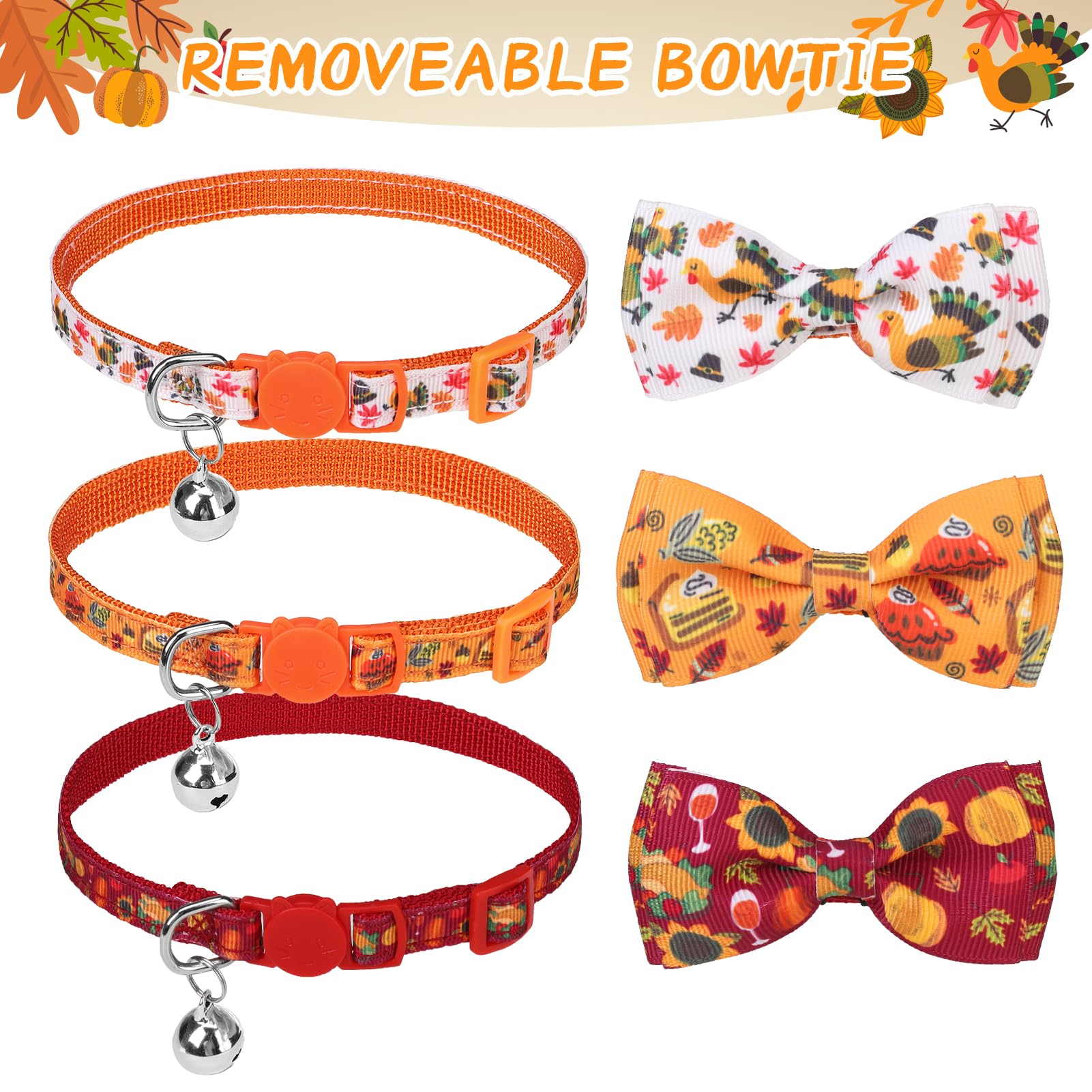 Scenereal Cat Collar Breakaway With Bell And Bowtie - 3 Pack Cute Holiday Cat Collars- Maple And Pine Cone Fall Kitten Collar Ad