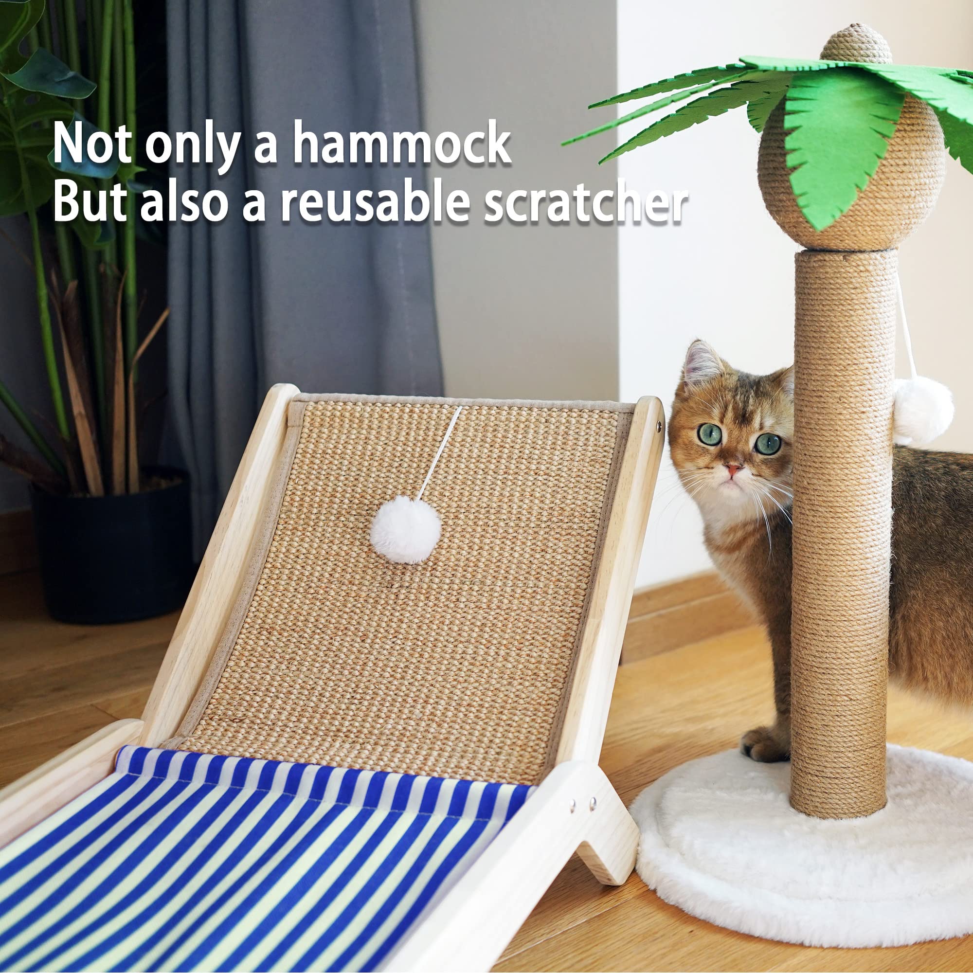 Petkaray Cat Hammock, Original Cat Furniture Of Mini Beach Chair, Elevated Cat Bed With Durable Sisal Scratcher, Natural Solid W