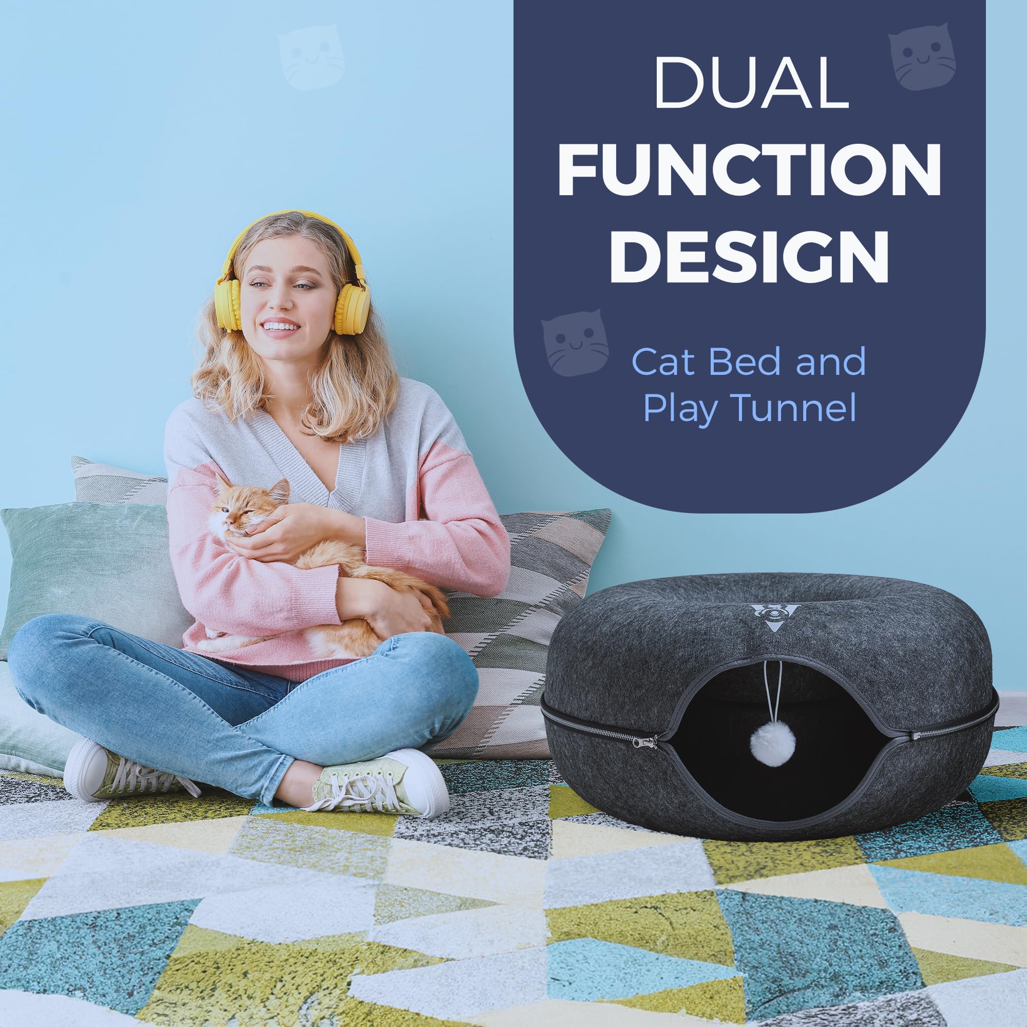 Premium Large Size 24 Inch Cat Tunnel Bed - With Upgraded Metal Zipper - Detachable Round Design - Washable - And Scratch Resist