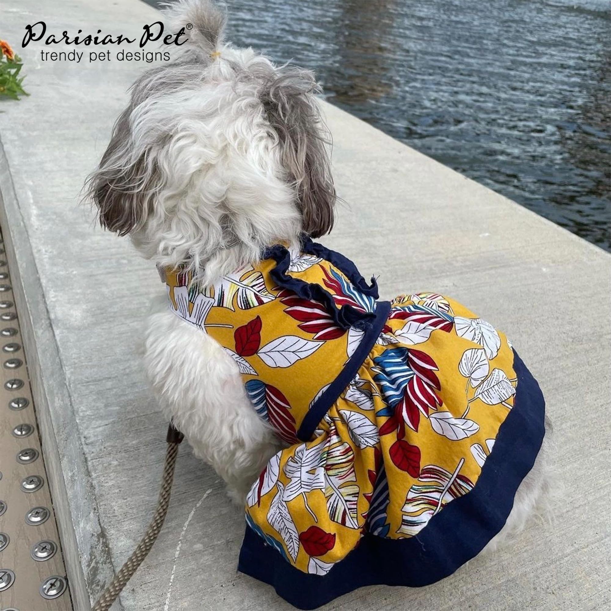 Parisian Pet Tribal Leaves Summer Dress - Magic Strap Closure Dog Beach Outfit - Lightweight And Breathable Dress For Small Dogs