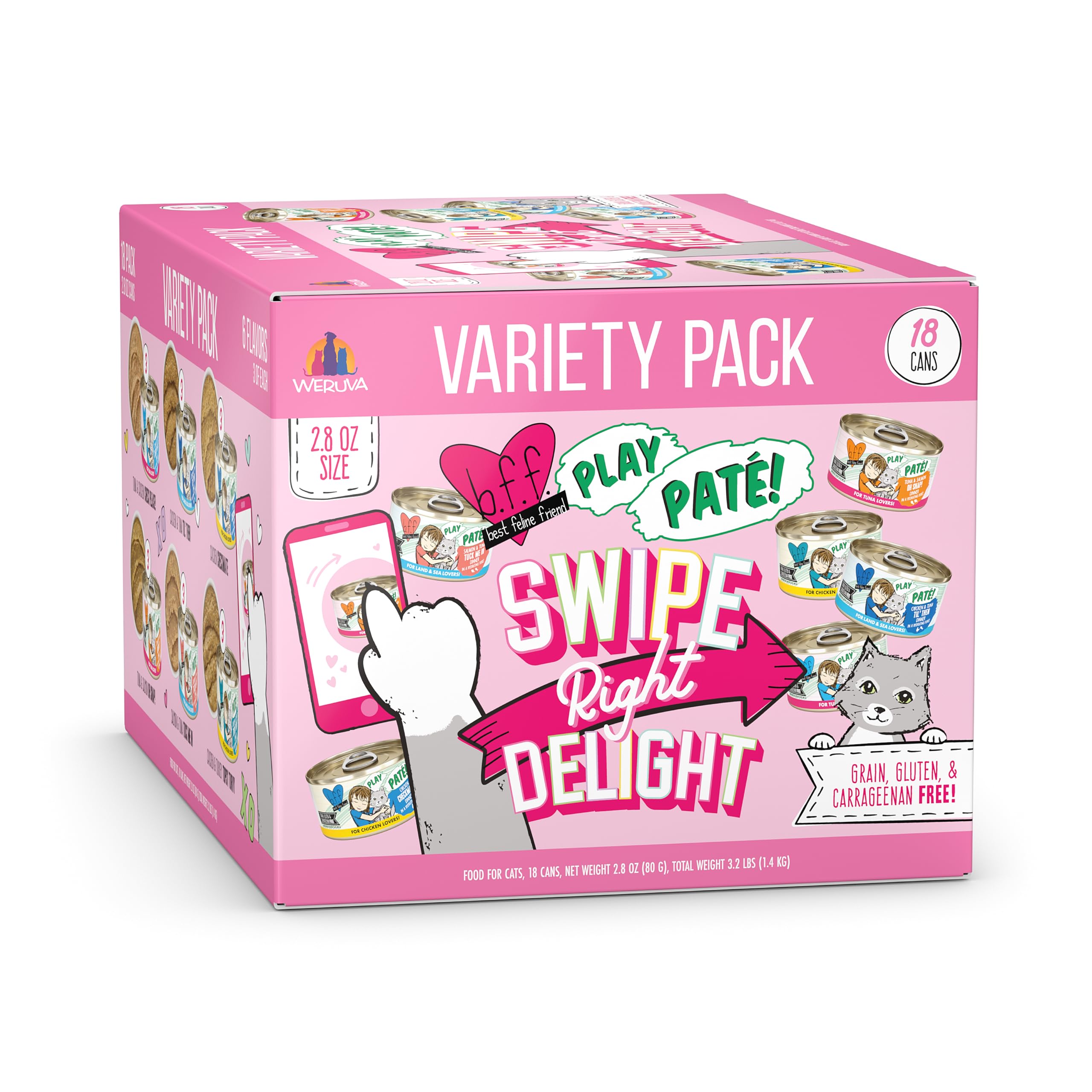 Weruva B.F.F. Play - Best Feline Friend Pat   Lovers, Aw Yeah!, Swipe Right Delight Grain-Free Natural Wet Cat Food Variety Pack