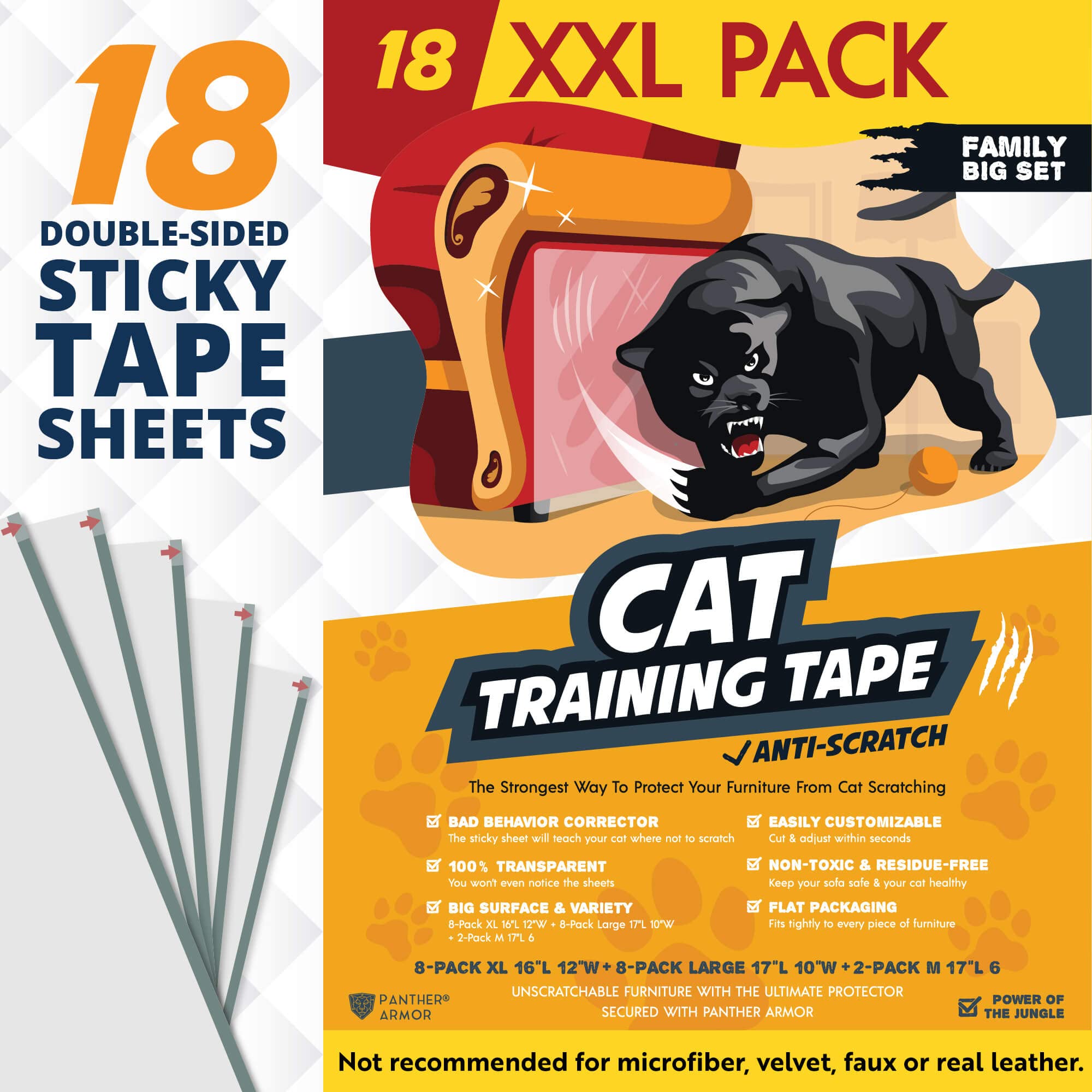 Panther Armor Couch Protector - 18-Pack Double Sided Sofa Anti Scratching Sticky Tape - Scratch Deterrent Tape Corner Anti Cat Scratch Furniture Protectors From Cats
