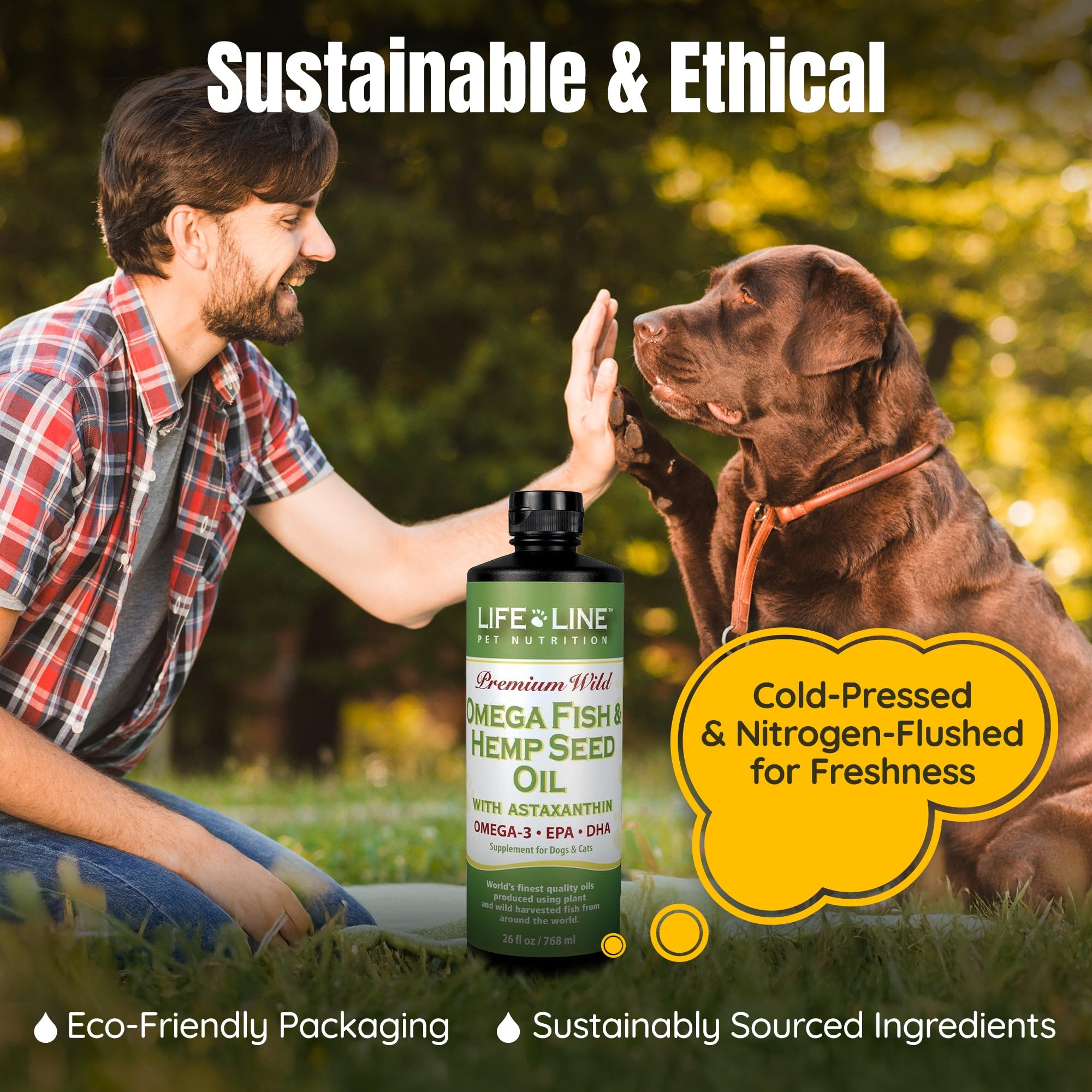 Life Line Pet Nutrition Omega Fish & Hemp Seed Oil - Omega 3 Supplement for Improved Skin, Coat and Joint Health, 26 Fl Oz