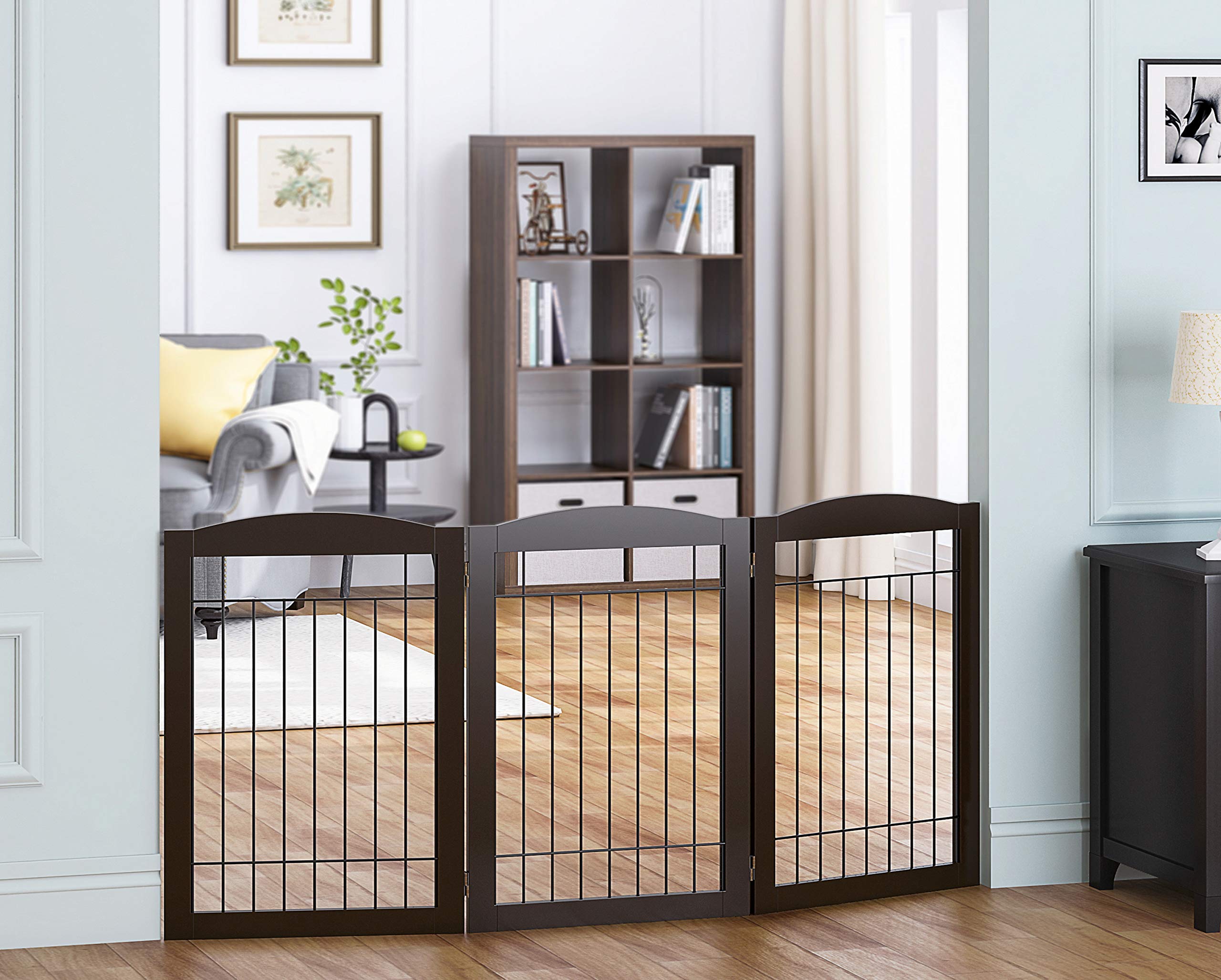 Spirich Freestanding Foldable Wire Pet Gate - 60" Wide, 30" Tall, 3 Panels, Espresso, Metal - Ideal for Dogs, Doorways, and Stairs