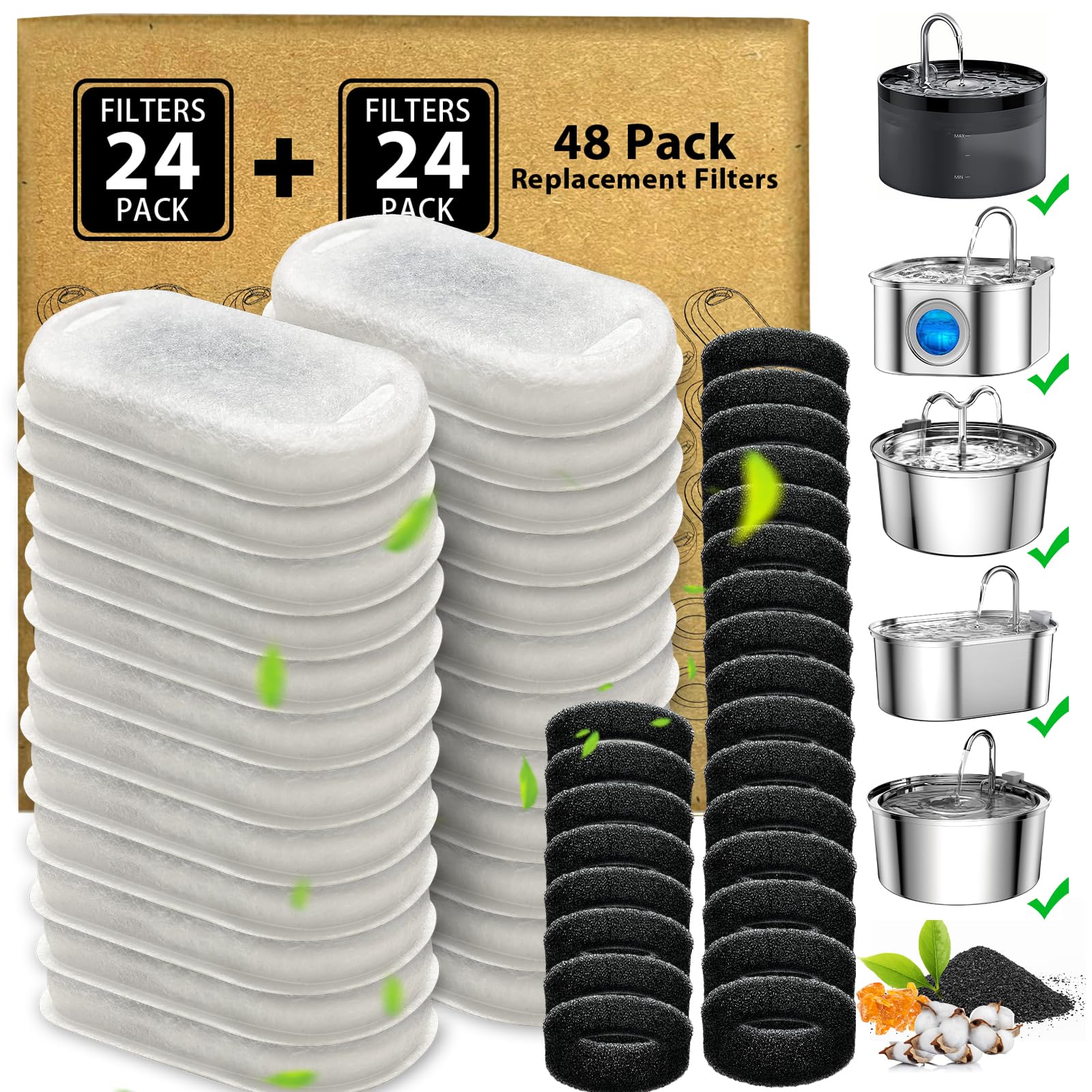 Cat Water Fountain Filters - 48 Pack Cat Fountain Filters For 3.2L/108Oz & 2L/67Oz Pet Water Fountain, Three-Layer Filtration Re