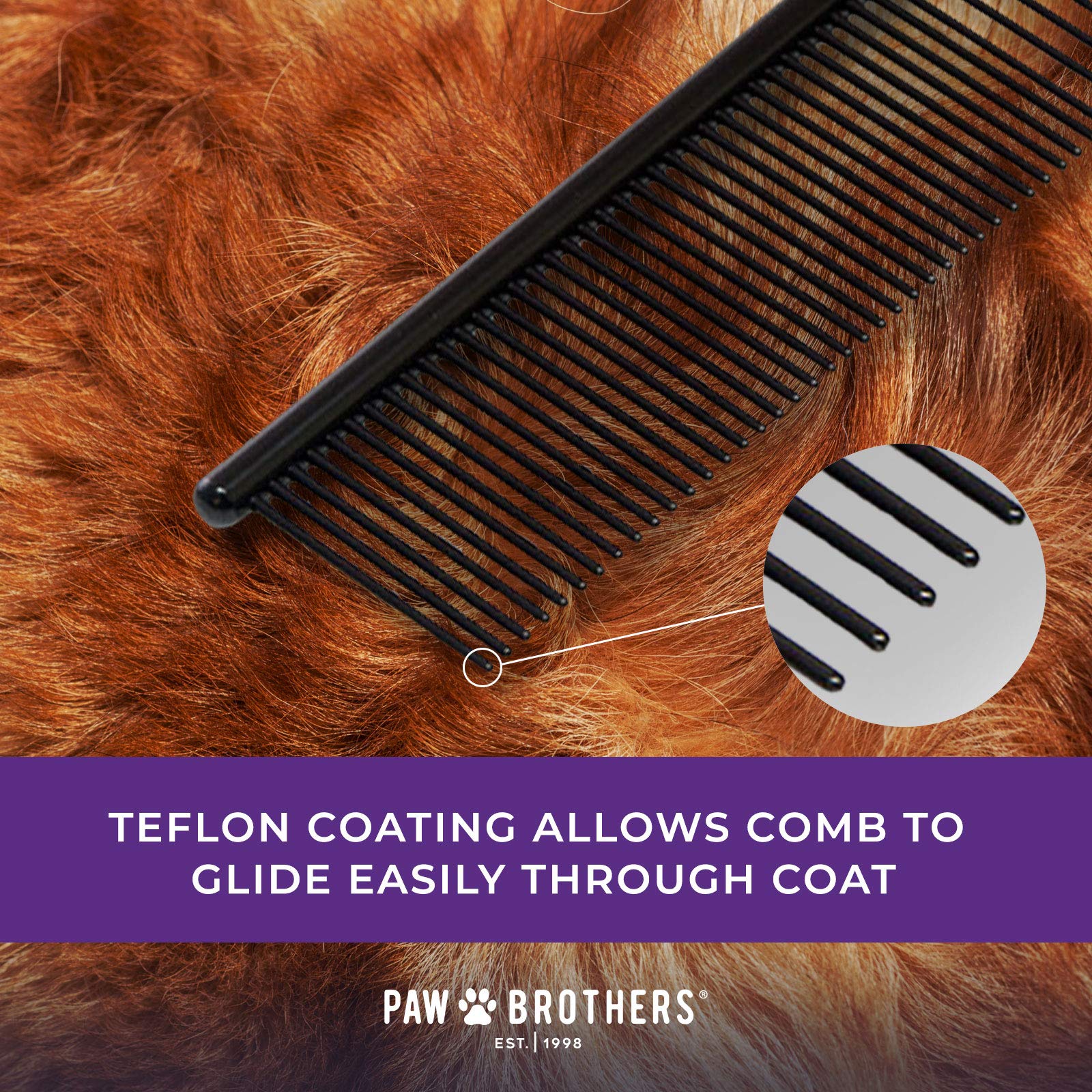 Ryan'S Pet Supplies Paw Brothers Greyhound Style Teflon Comb For Dogs, Professional Grade, True Teflon, Fine/Medium, Ergonomic Handle, 7.5 In.