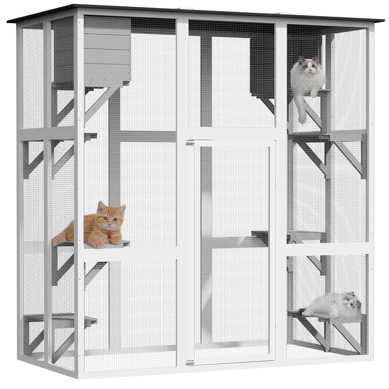 Miscoos Outdoor Wooden Cat Catio - Large Solid Wood Cat Cage Playpen With 8 Jumping Platforms & 2 Napping Houses, Walk-In Cat Ke