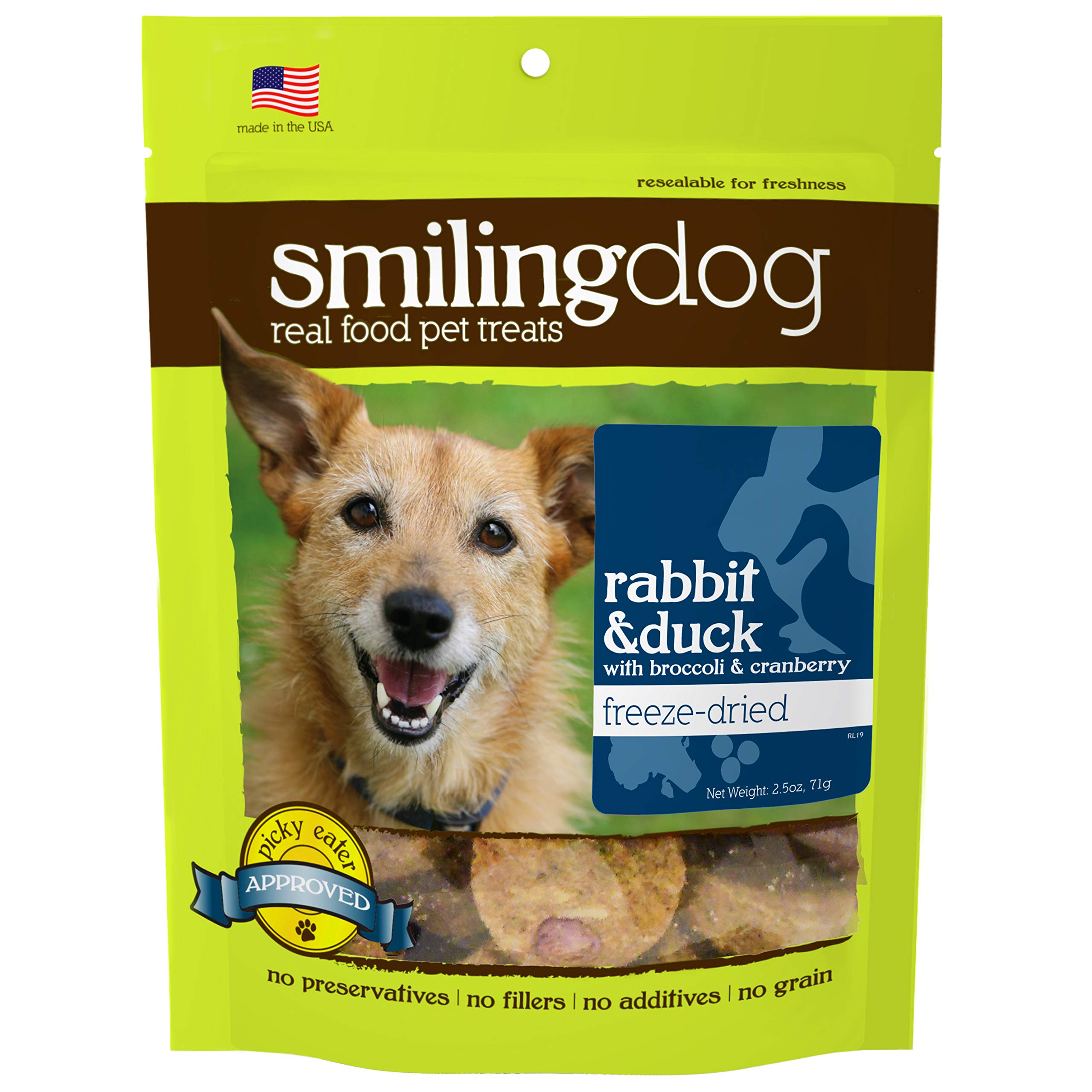 Herbsmith Smiling Dog Treats - Freeze Dried Raw Rabbit & Duck, Broccoli & Cranberries - Thats 100% it - 2.5 Ounce