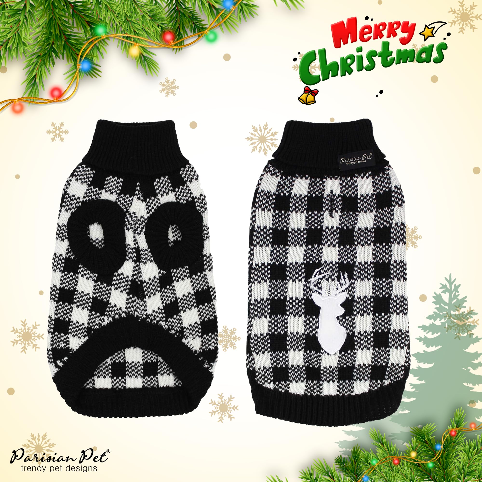 Parisian Pet Dog Sweaters - Pullover, Turtleneck White And Black Checkered Sweater - Cable Knit Plaid Dog Christmas Outfit - Fall, Winter Dog Clothes - Flexible Dog Sweater For Small Dogs - S